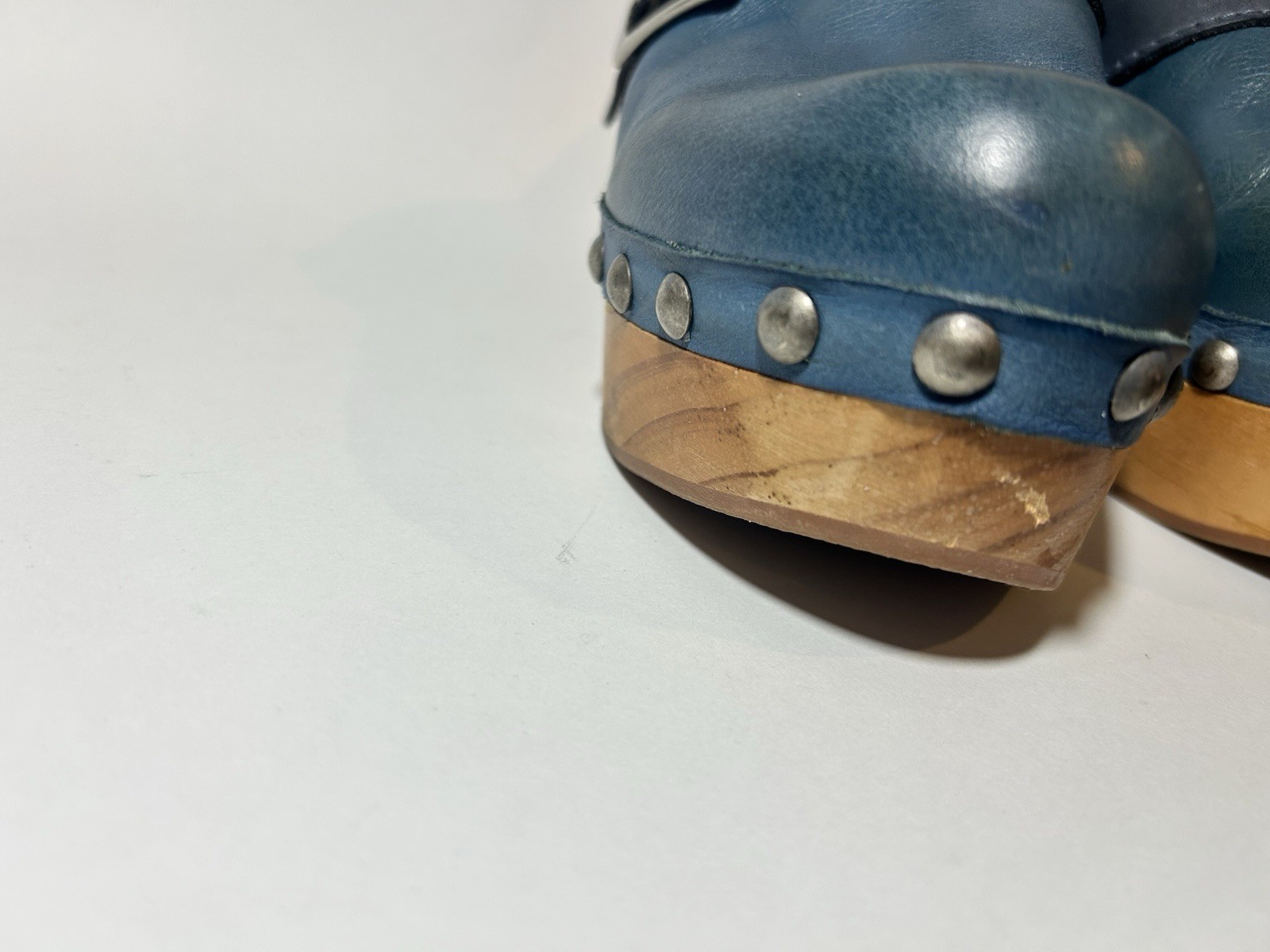 Free People Culver City Clogs Teal Blue Leather Wood Platform Buckle Studded 9