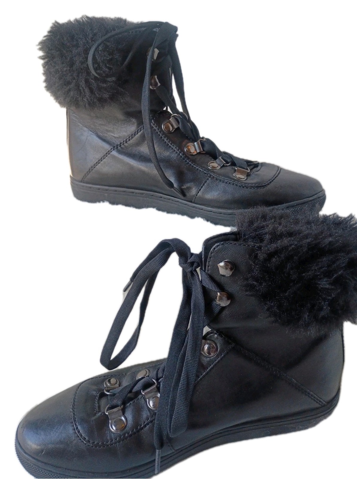 Pour La Victoire Black Leather Hi Top Sneakers Faux Fur Trim Women’s Size 7 Boot