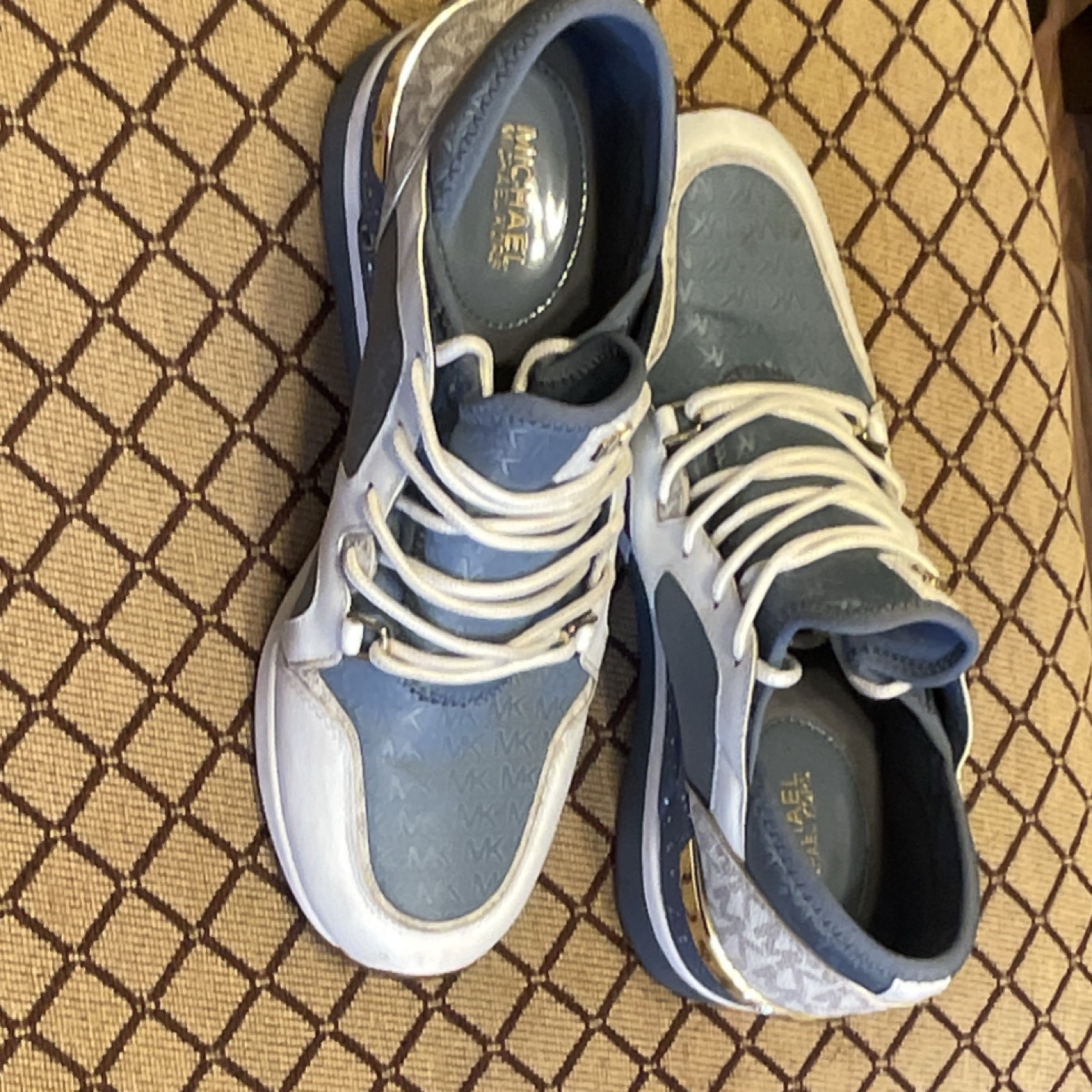 Michael Kors Logo Lace Up Sneakers Blue White Textile Leather Low Top