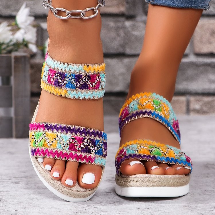 Fashion Wavy Pattern Woven Sandals Summer Casual Ethnic Style Slippers Linen Bot