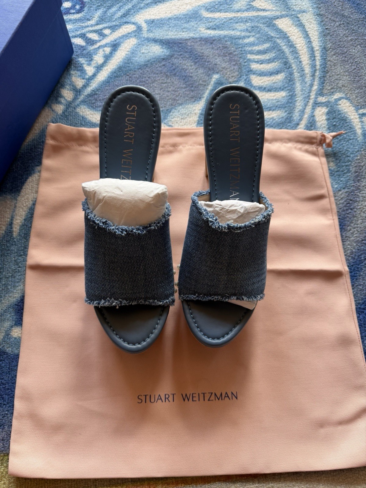 NIB $450 Stuart Weitzman Pearl Clog 85 Sandal Denim Blue Spain BOHO Size 9 AA