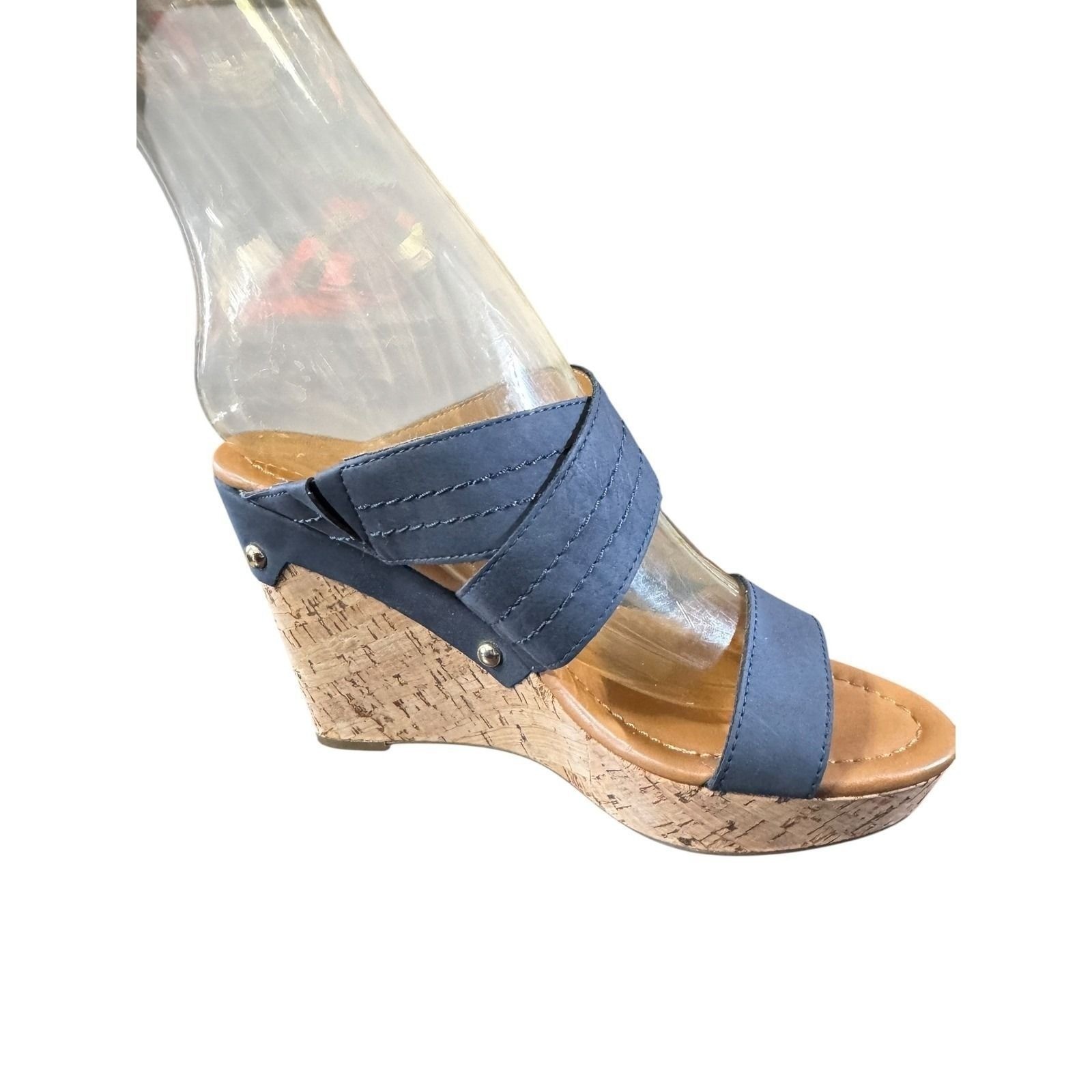 Tommy Hilfiger Womens Navy Blue Cork Wedge Sandals Gold Turn Lock Hardware 8M