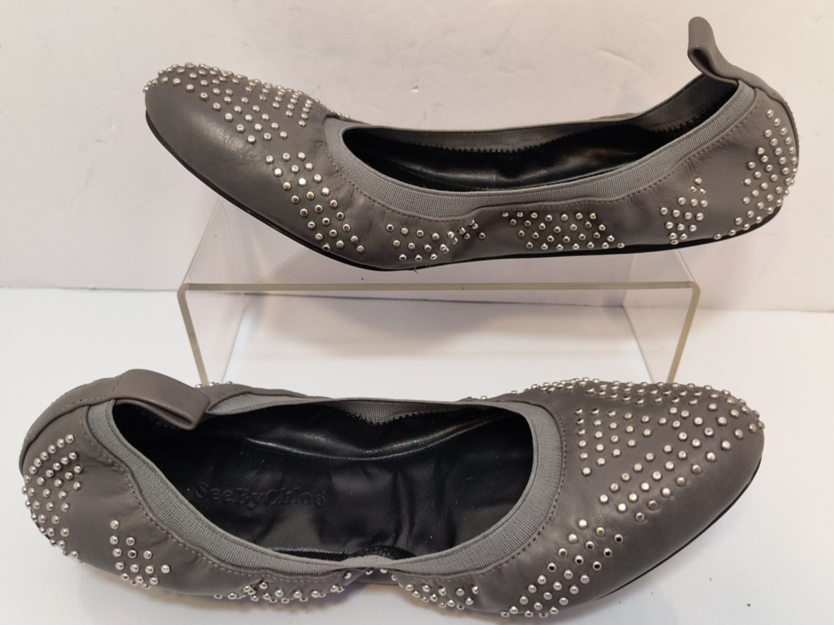See By Chloe Gray Leather Studded Stretch Ballet Flatsd Women’s Size 40 U.S. 10