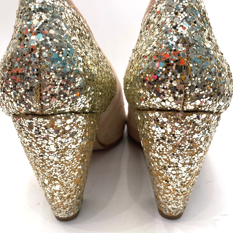 Topshop Jazzhands Pumps Beige Suede Gold Glitter Heels Womens 10.5 Peep Toe