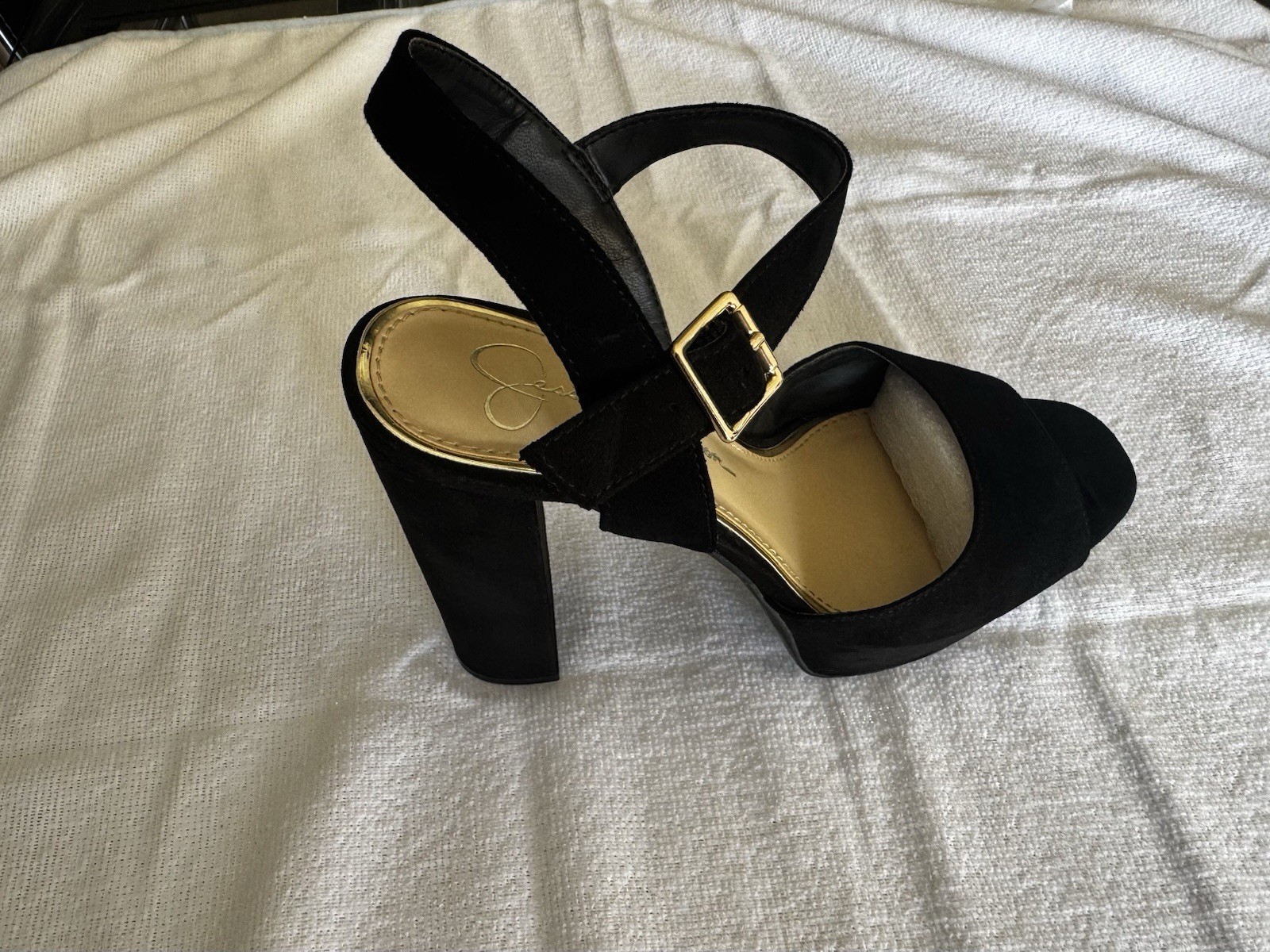 Jessica Simpson Black Open-ToeAnkle Strap Heels with GoldBuckle Size 8.5