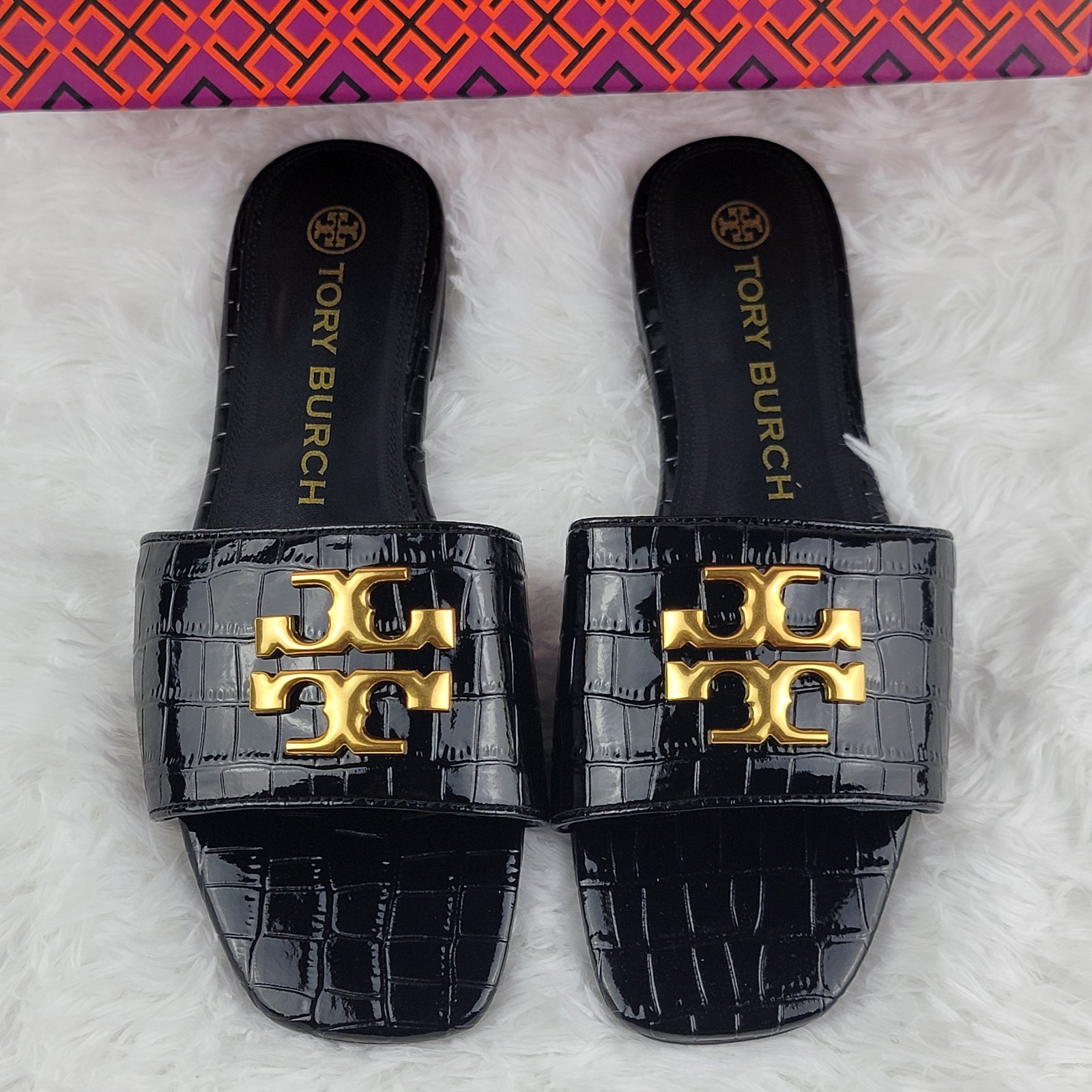 Tory Burch Eleanor Size 8 39 Sandals Black Leather Croc Gold Logo Slides New Box