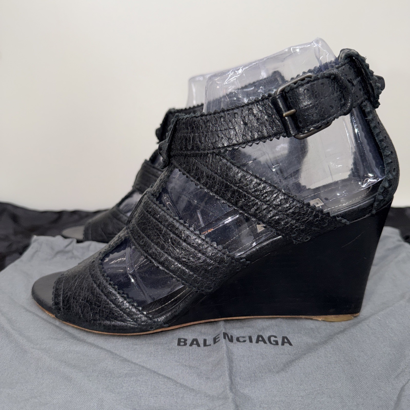 Balenciaga 39.5 Sandals Wedge Gladiator Caged Ankle Booties Covered Studs Poms