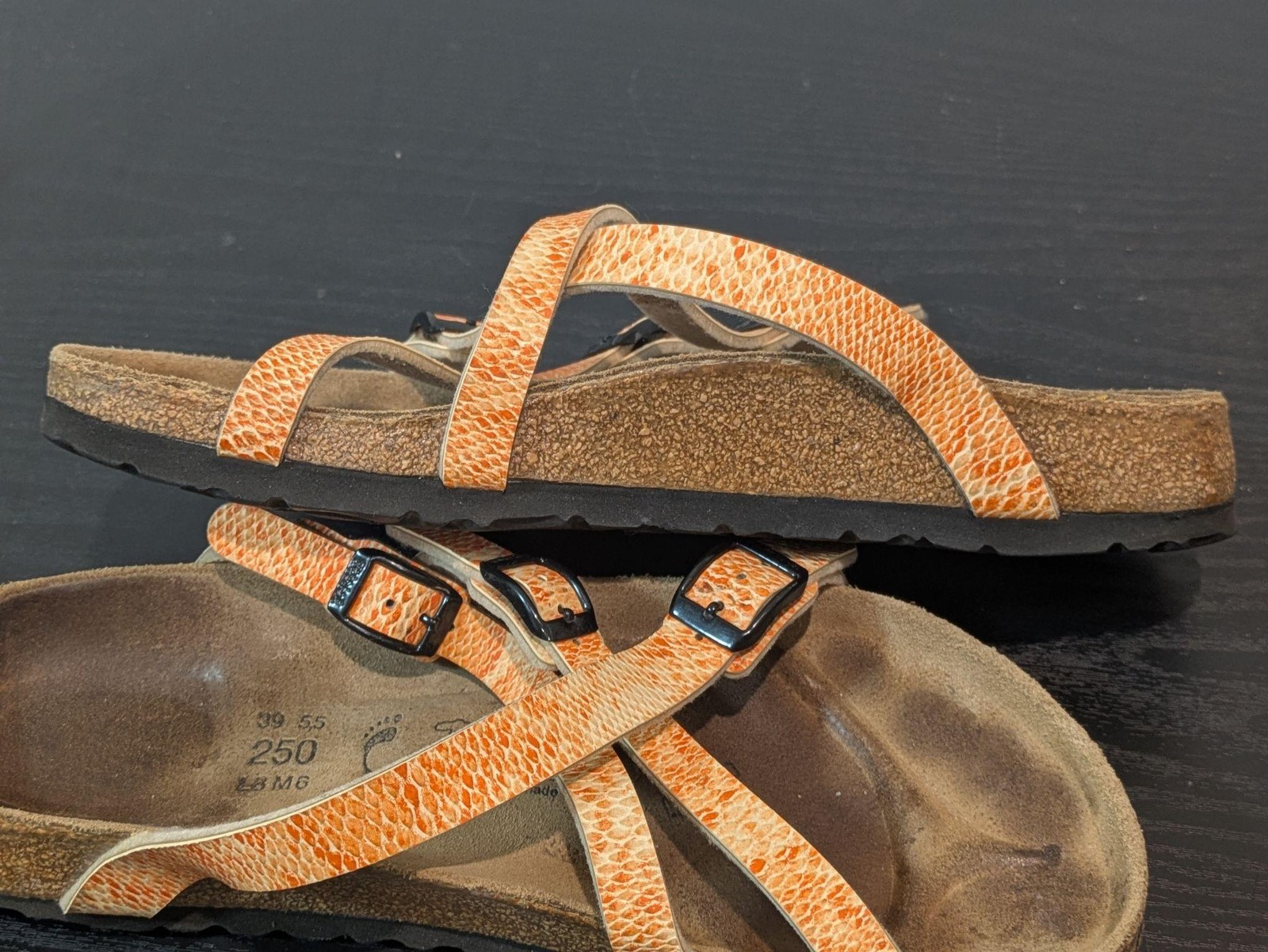 Birki’s Strappy Sandals Womens Size 8 Orange Leather Cork Footbed Germany