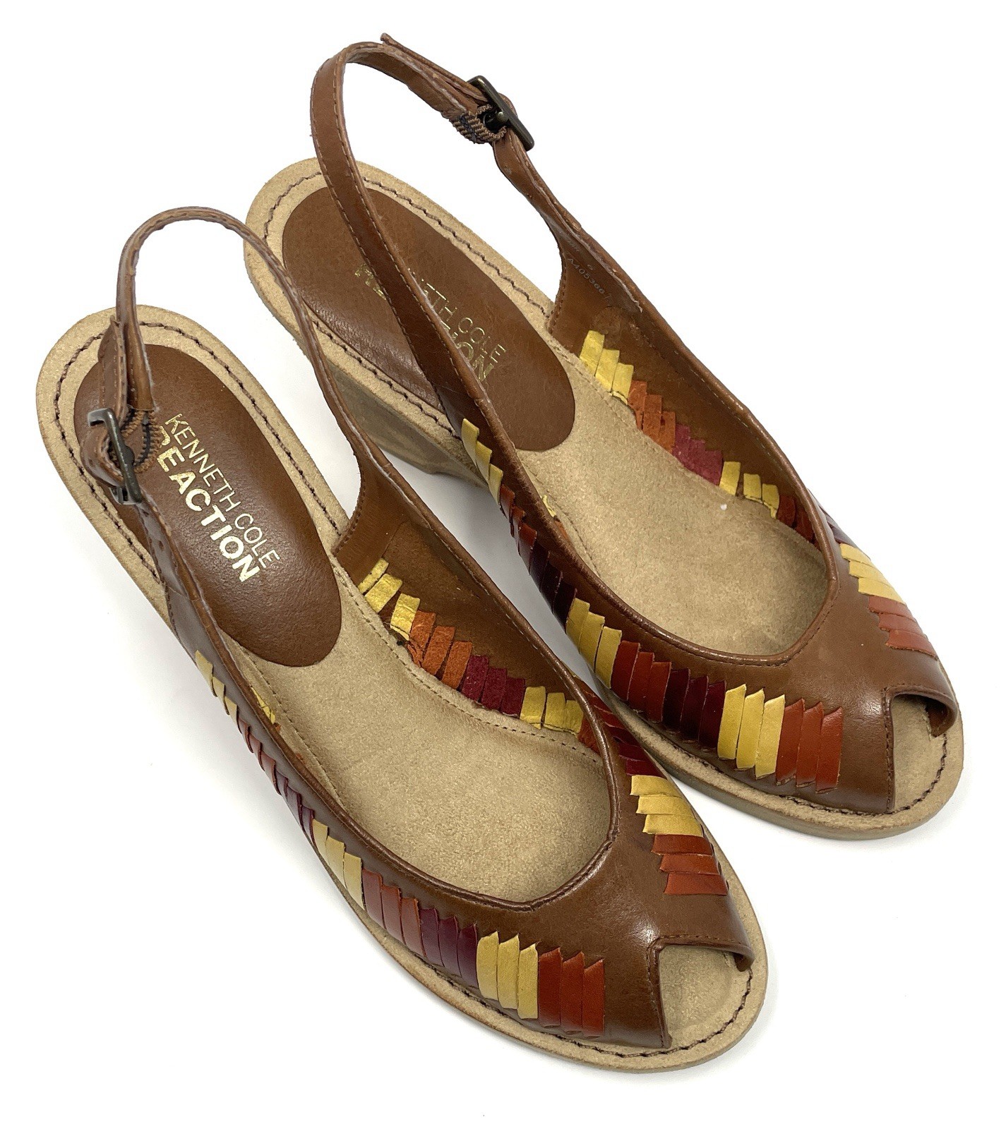 Kenneth Cole IMA STAR Leather Wedge Peep Toe Tan Multi Women’s Shoes Size 6 NEW
