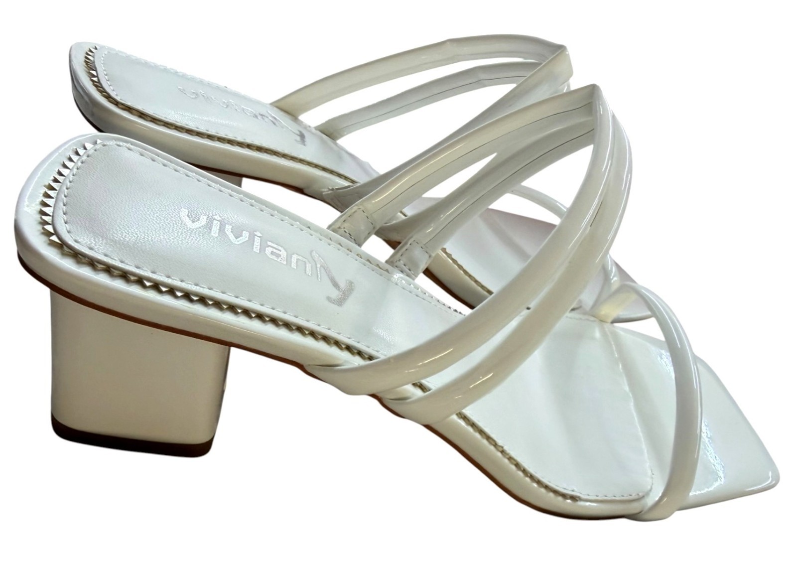 Viviany Square Toe Chunky Heel White Strappy Backless Sandals Size 8 NWB