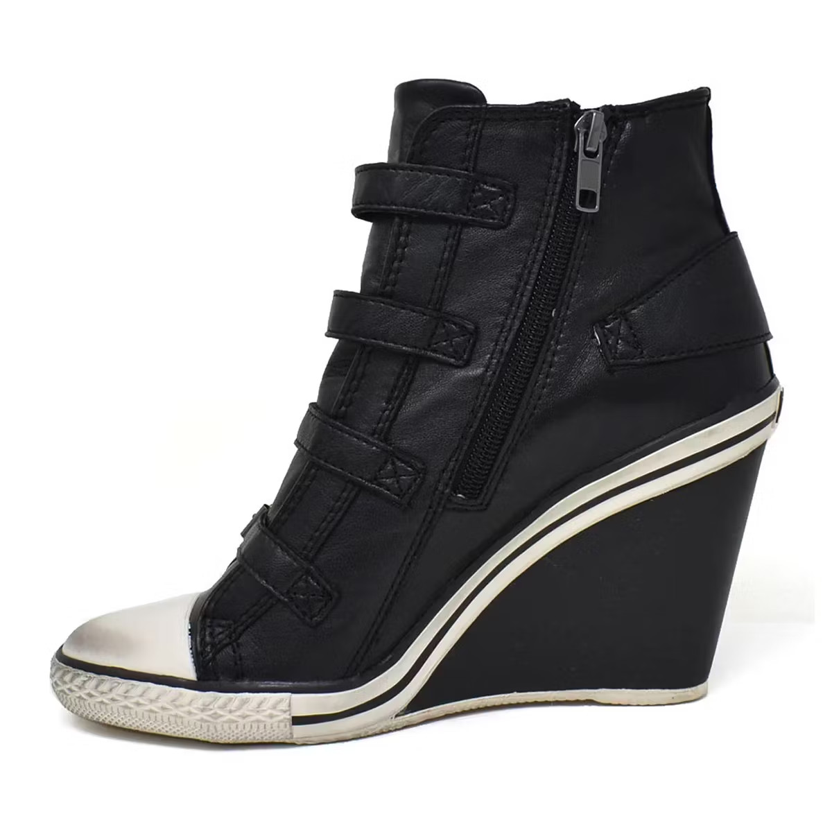 FSJ Custom Black Multi Buckle Wedge Sneaker Boots Round Toe Women