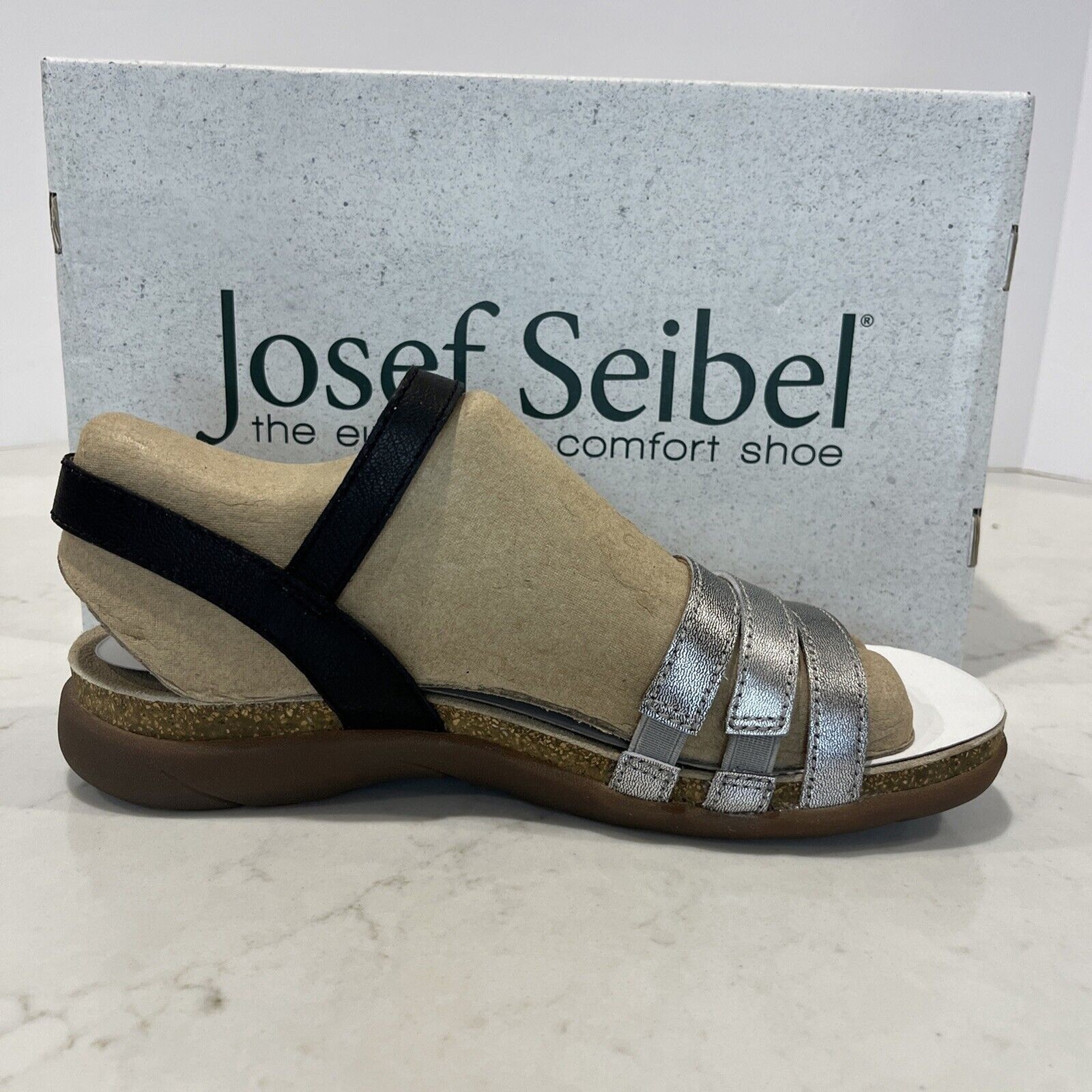 Josef Seibel NEW Sandals Riley Strappy Comfort Shoes Silver Black Cork EU42 US11