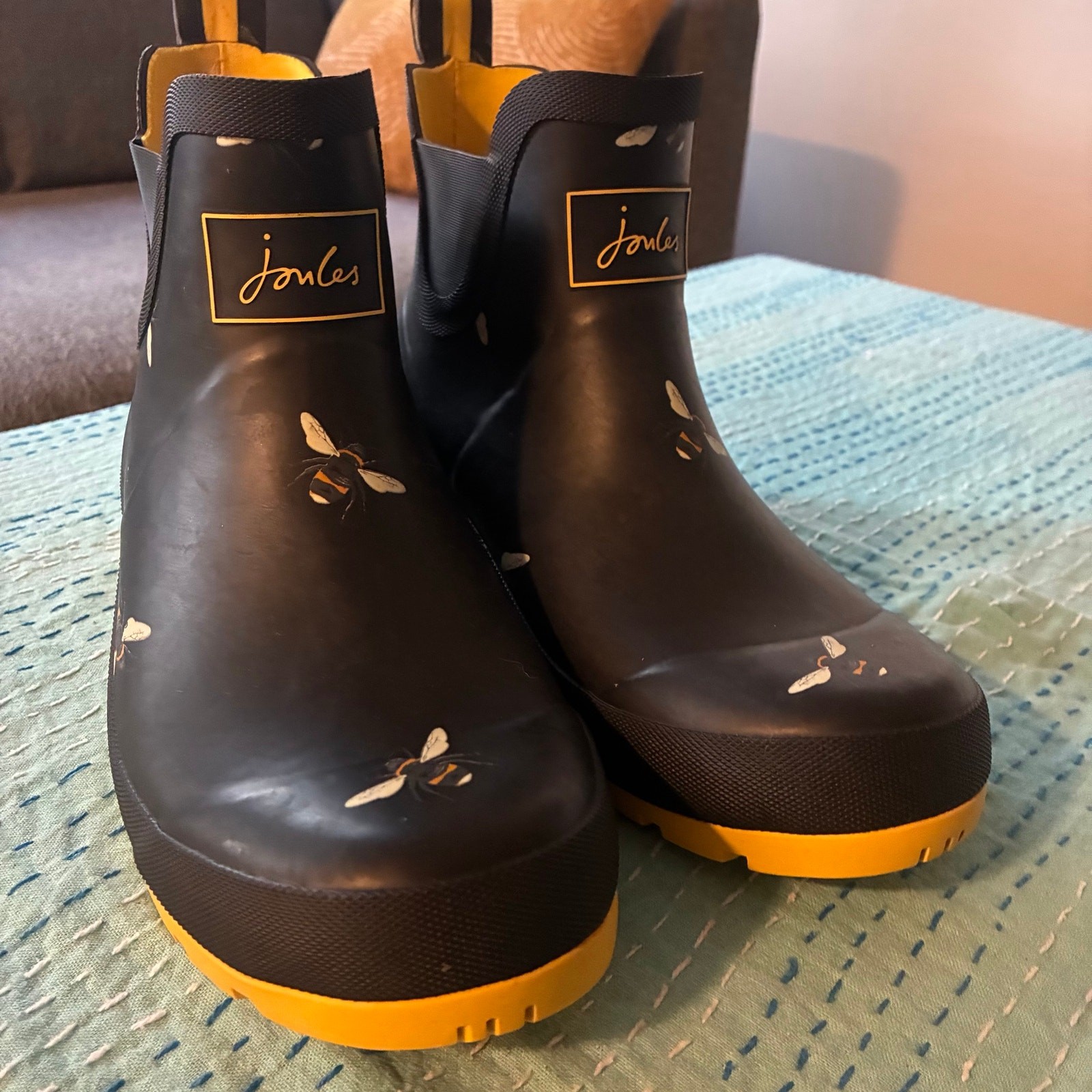 Joules Wellibob Bee Print Rain Boots Womens US 9 Black Yellow Ankle Wellies