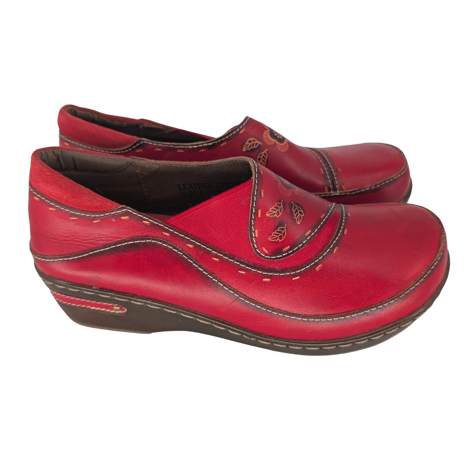Spring Step Burbank Clog Loafer Women 38 Red Leather Floral Stitched Boho Artsy