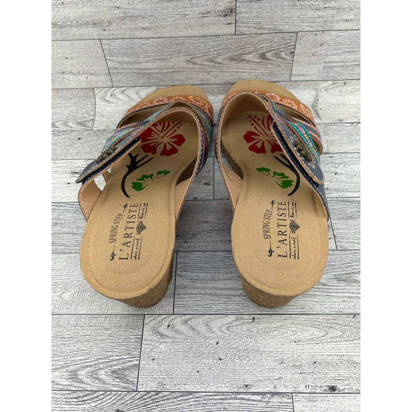 L’Artiste Spring Step Swan Multi Hand Painted Leather Wedge Sandals Women 41 10