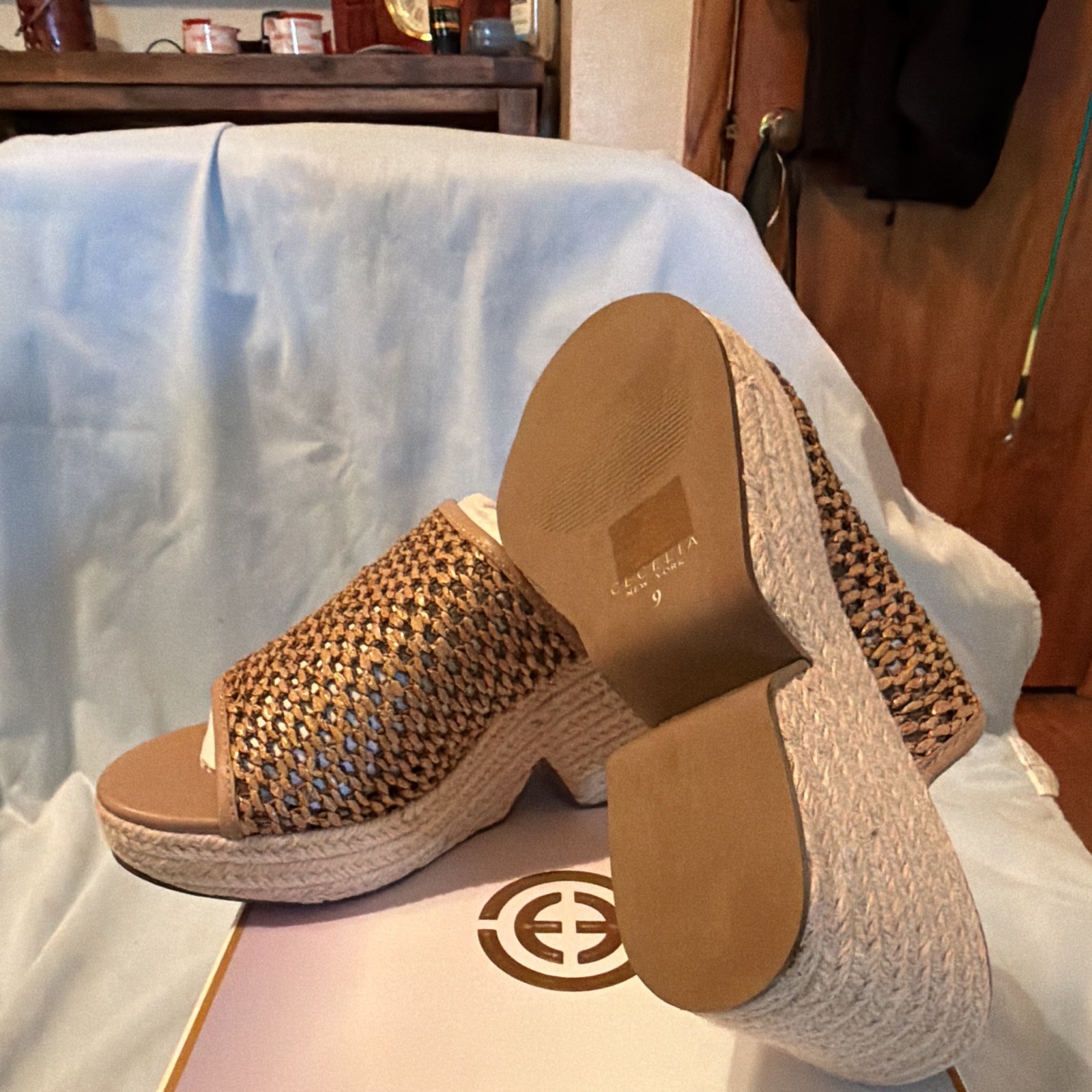 Casella New York Brown/Beige Leather Woven Wedge Slide Sandals Women’s US 9 M