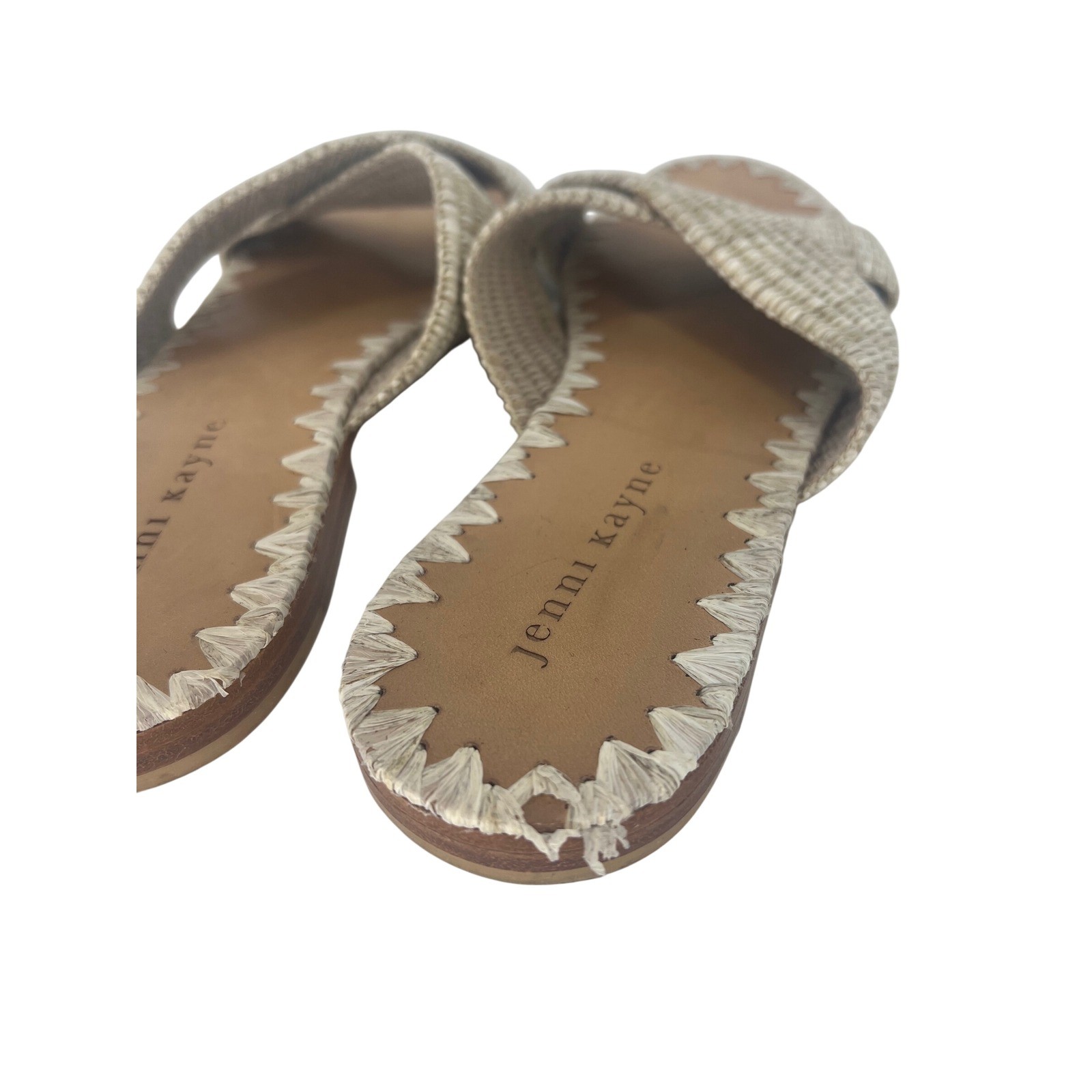 Jenni Kayne Raffia Crossover Sandals Tan Cream Woven Flat Slides Size 38