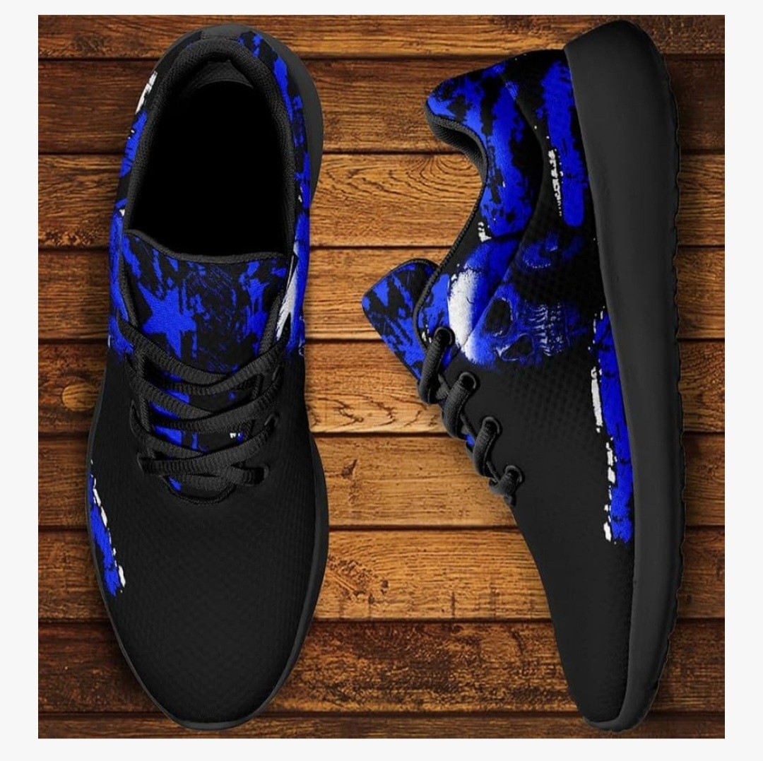 Mens 4 Or Womens 6 Black Athletic Sneakers with Blue Skull Accent