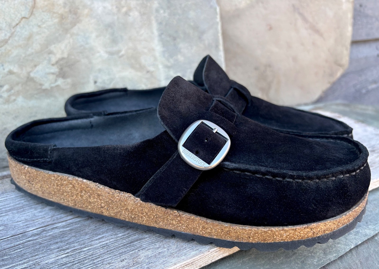 Nice! Birkenstock BUCKLEY (40/9N) Clogs Black Suede Slides Mules Strap w/ Buckle