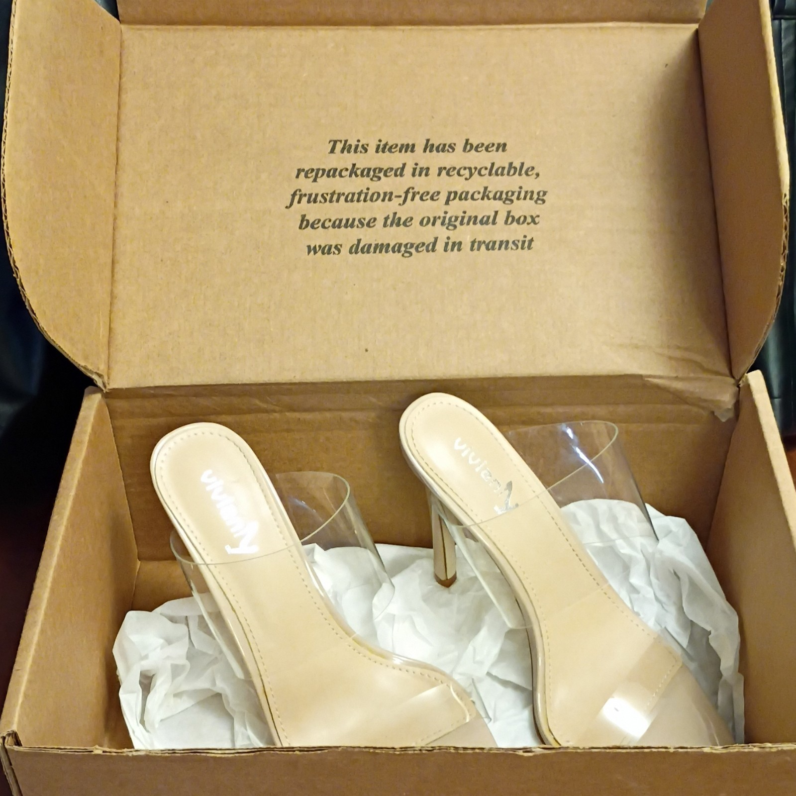 Viviany Beige Clear Transparent Strap Stiletto Mule Pointed Toe Heels Size 9
