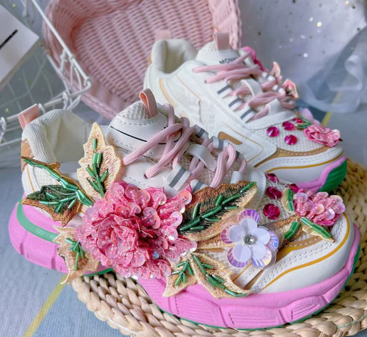 Floral Womens Platform Floral Lace Up Sequins Beaded Creeper Casual Sport Shoes
