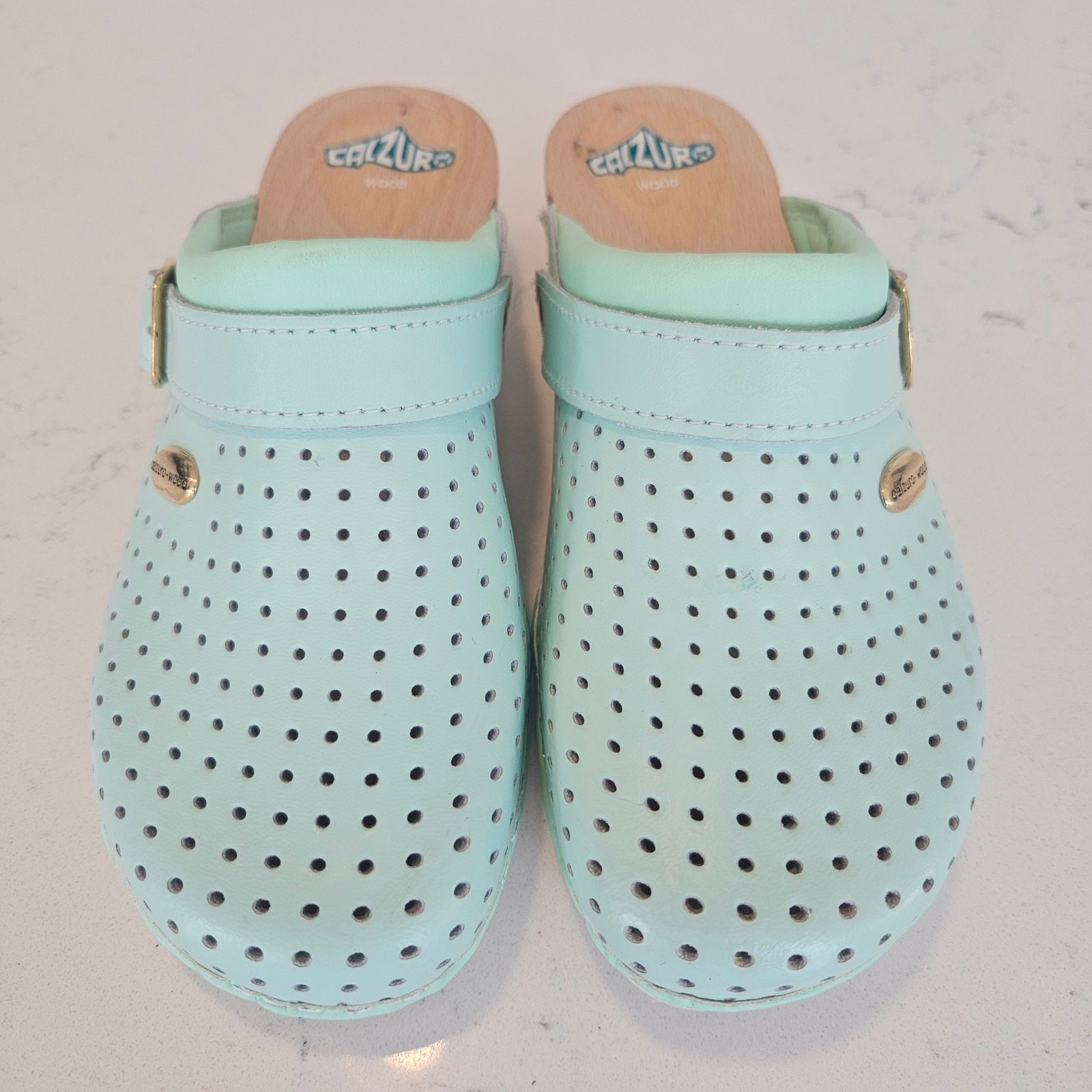Calzuro Wood Clogs Light Aqua Green Perforated Leather Size 36 US 6.5-7