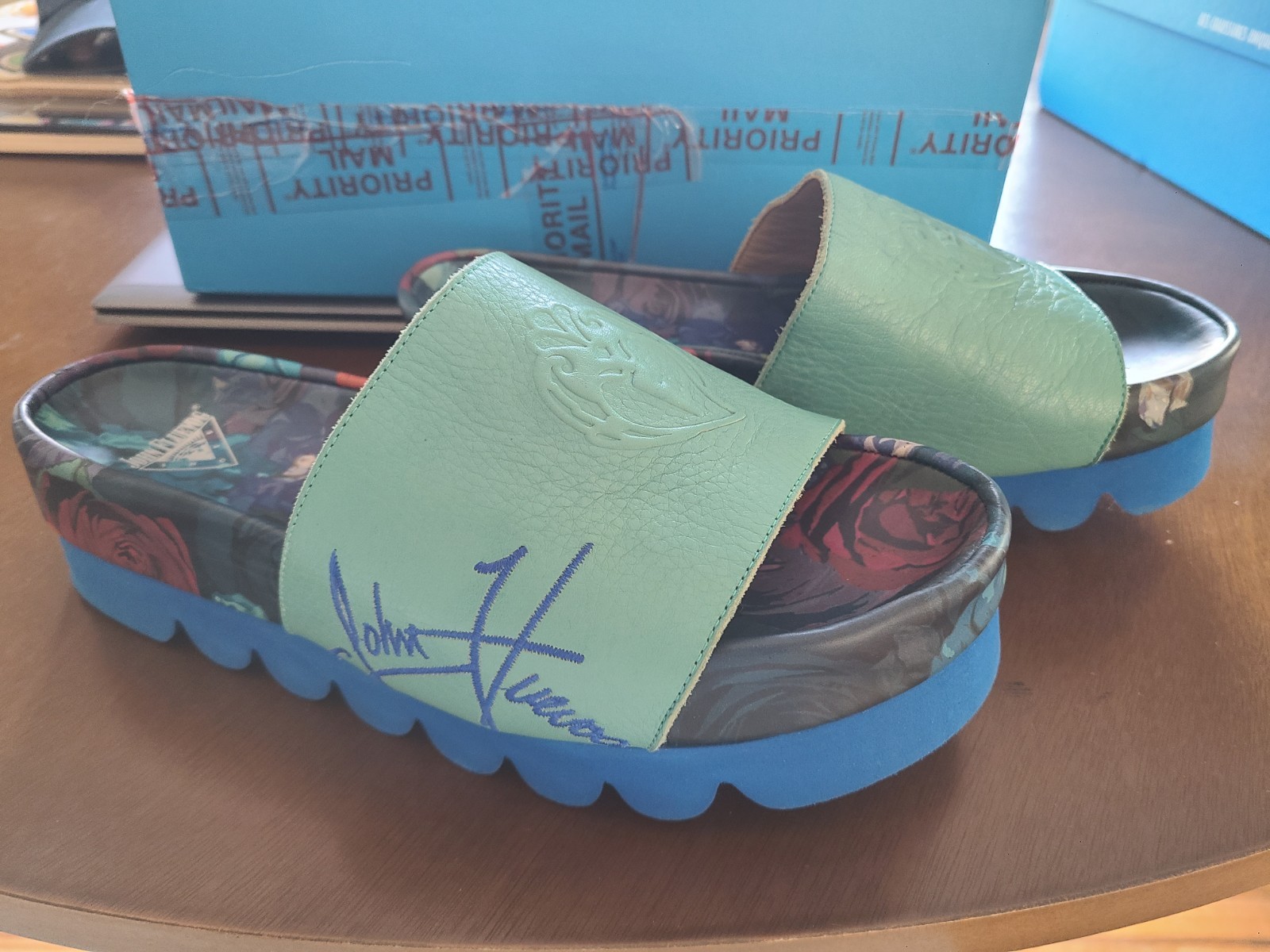 JOHN FLUEVOG signed platform teal and blue slide sandal shoes BUOY SIZE 10. EUC!