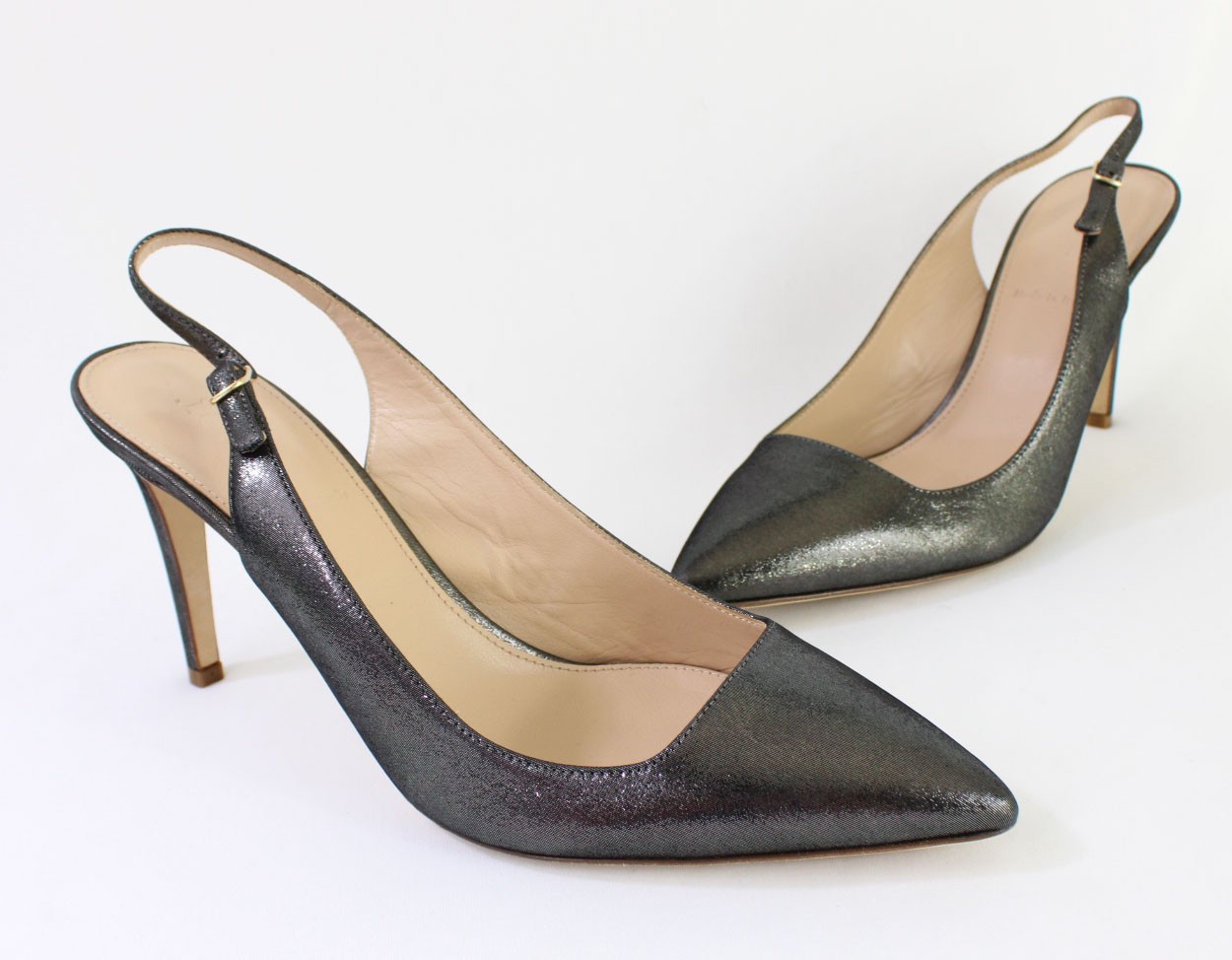 J.Crew NWOB Metallic Charcoal Black Pointed Toe Slingback Pump Heel Shoe 9