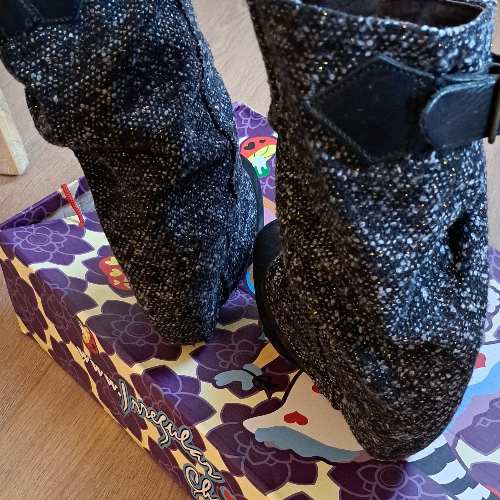 Irregular Choice Longer Lashes Black Tweed Buckle Mid-Calf Boots US 8.5 EU39.5