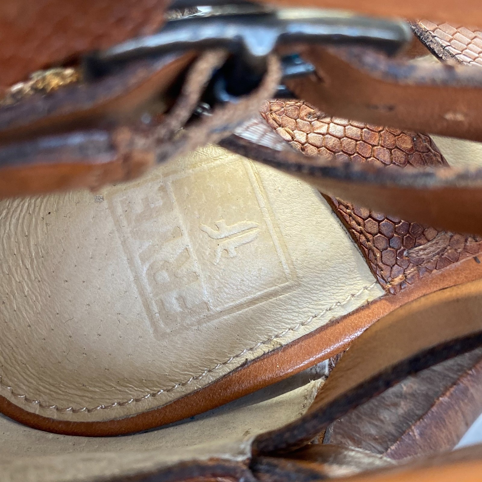 Frye Womens Brown Leather Strap Heel Shoes Buckle,Size 6.5 M,Sandals,Zipper