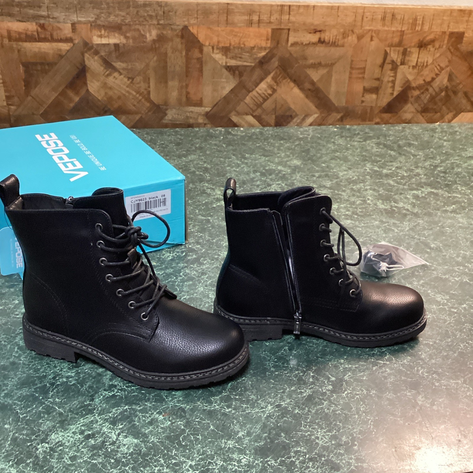 Vepose Women’s Ankle Boots Low Heel Lace up Fashion Combat Booties, Size 8 Black