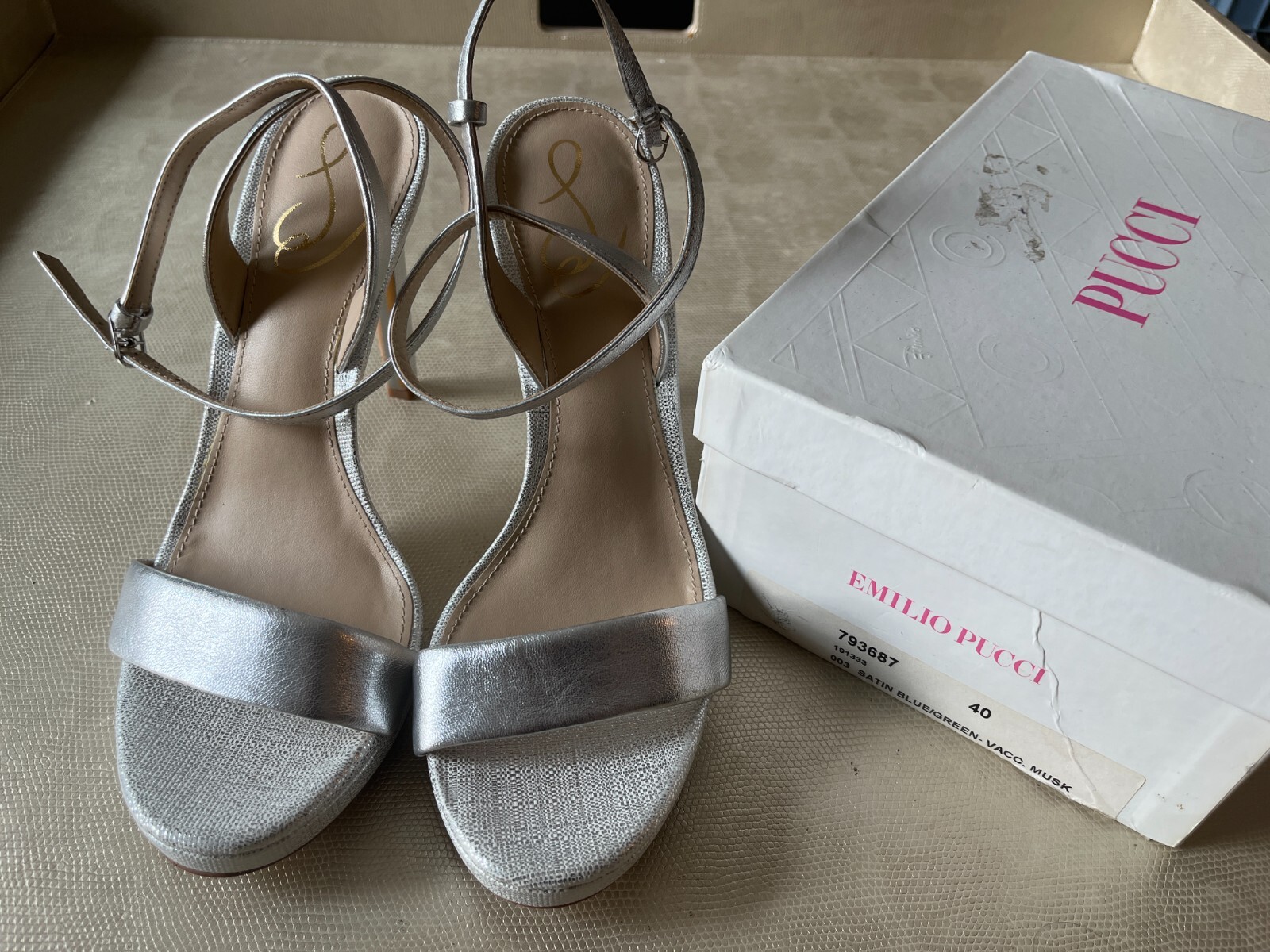EMILIO PUCCI Satin Blue/Green Ankle Wrap Sandal Pumps USED Womens Size 40 w/ Box