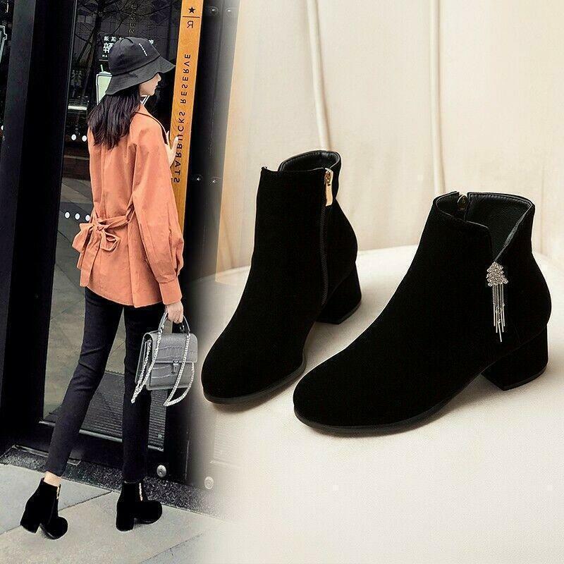 Womens Ankle Boots Round Toe Rhinestone Chunky Heel Side Zip Shoes 50/51/52 Hot