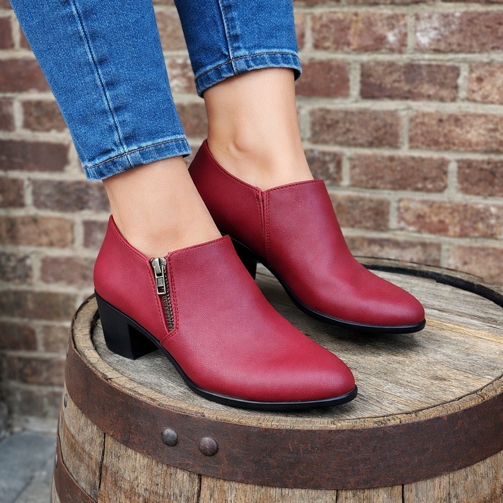 Rialto Sandra Red Faux Leather Ankle Booties Shooties Size 9.5M Zip Block Heel
