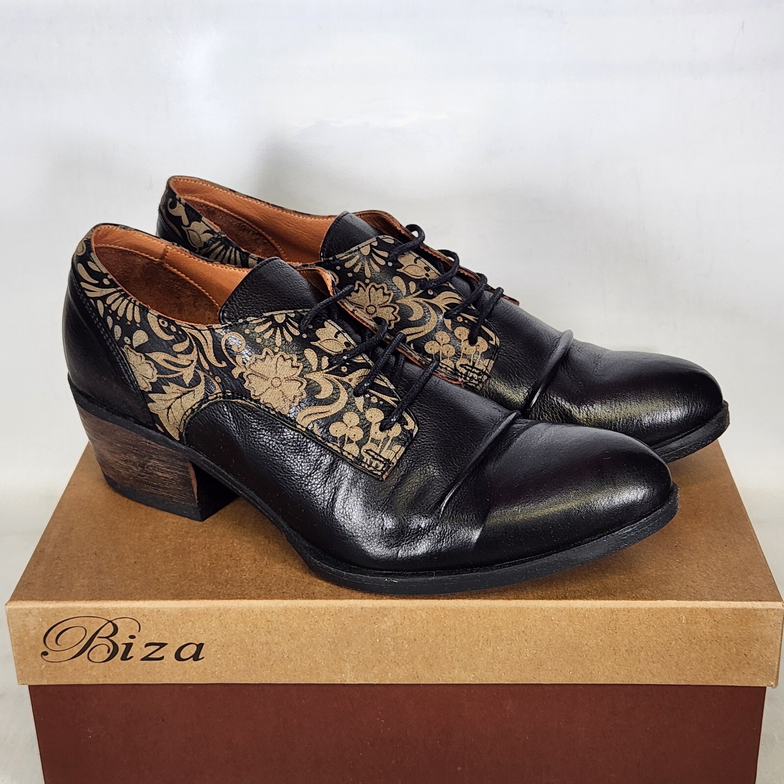 Vintage Style Antique Biza Valor Short Heel Oxford Bootie Black Leather Size 10