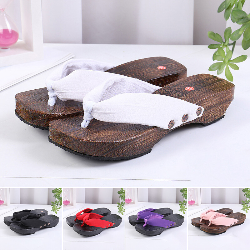 3.5cm Heel Geta Japanese Clogs Slippers Wooden Flip-flops Soild Color Costume US