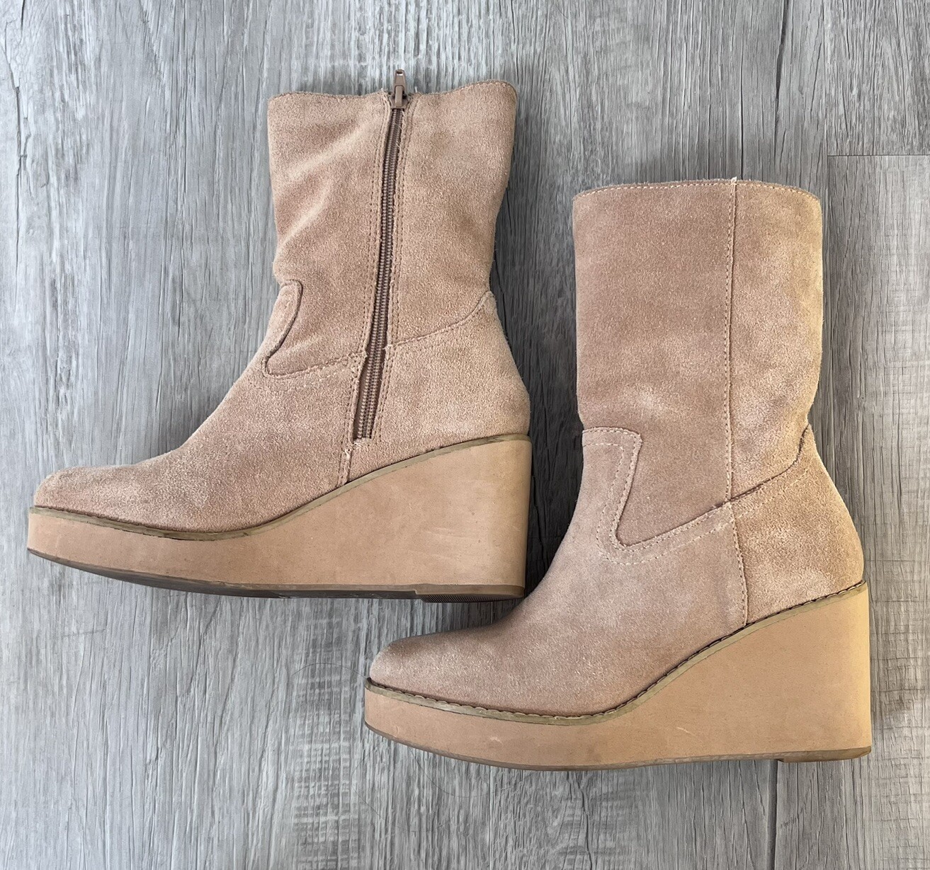 Coconuts Matisse Tan Suede Leather Comet Mid Calf Wedge Zipper Boots 6.5
