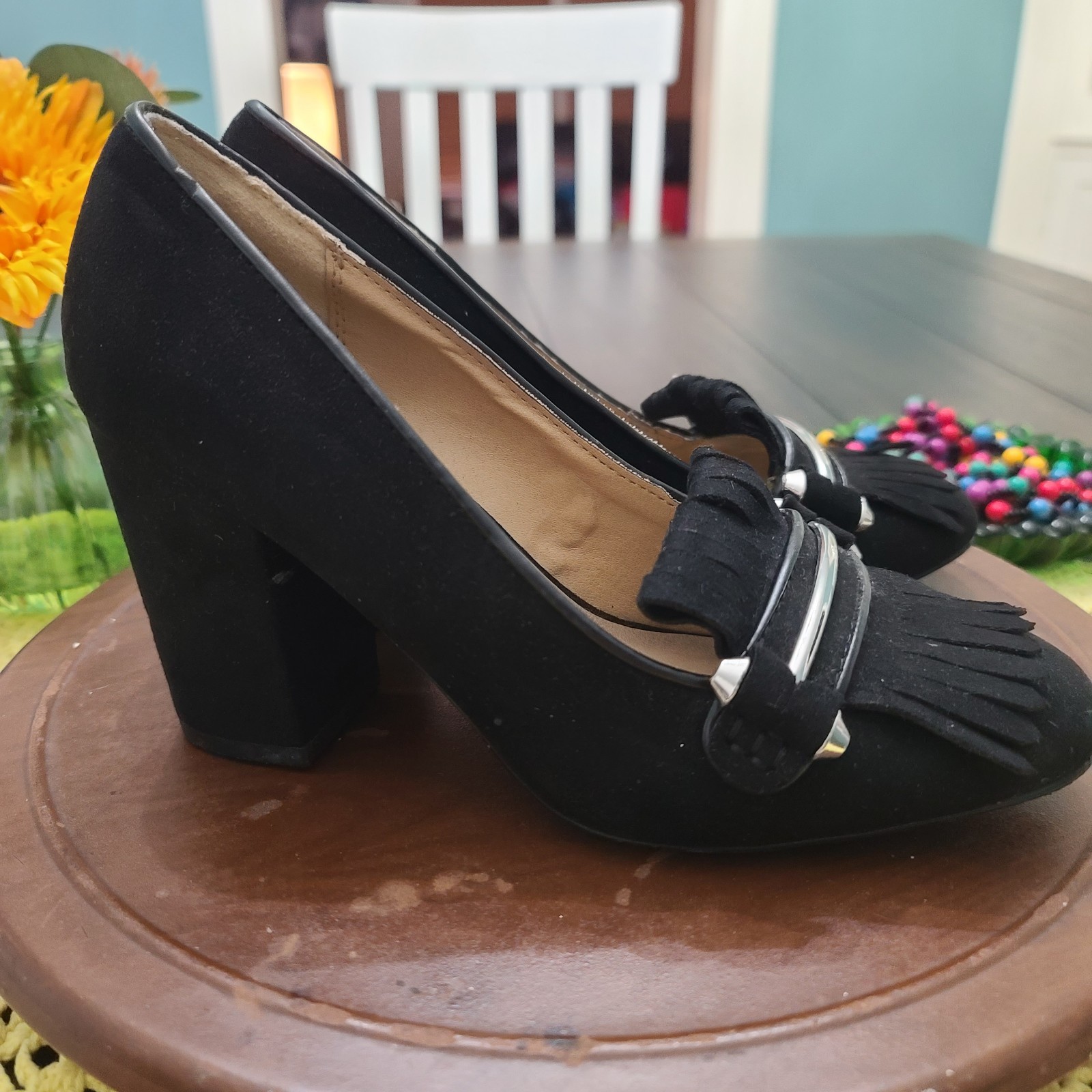 David Aaron Black Mormont Fringe Heeled Platform Shoes Sz 6.5