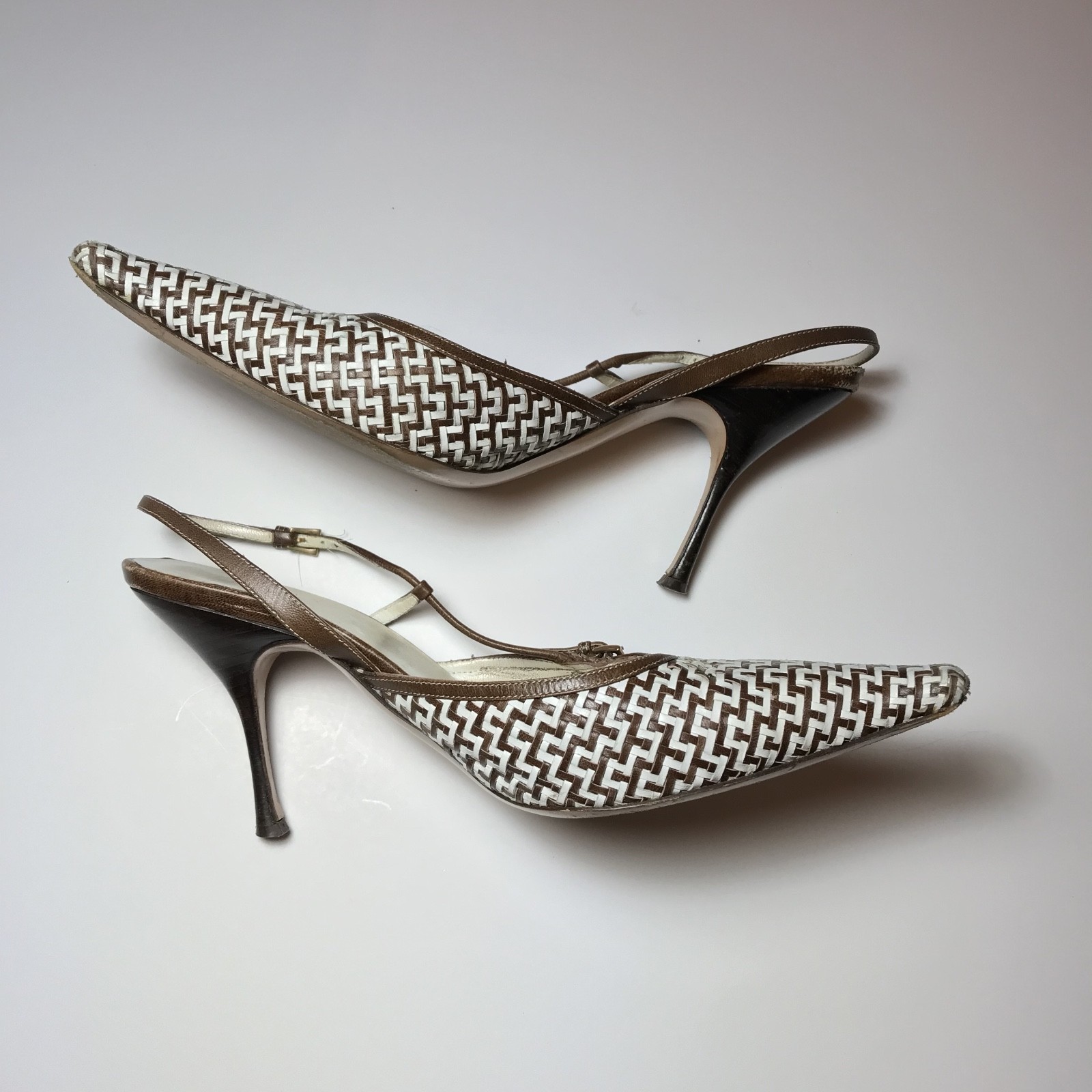Prada Vintage Y2k Woven Art Deco Slingback Organic Point Buckle Heels 38.5