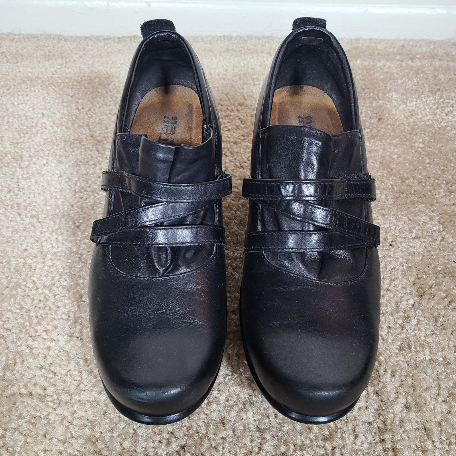 NAOT Black Leather 2″ Wedge Heel Hook & Loop Classy Wedge Shoes EU 37 ~ US 6-6.5