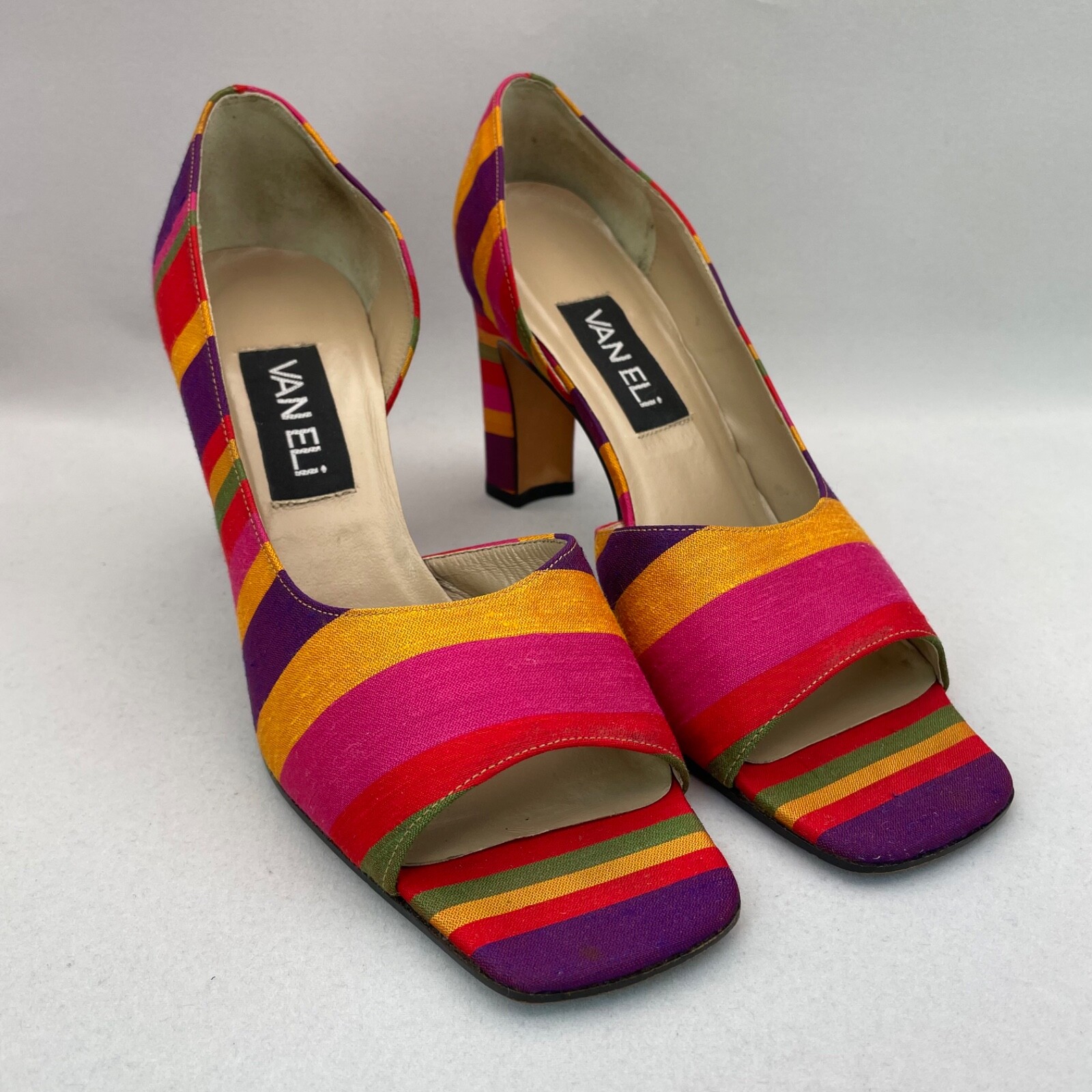 Vintage Vaneli D’Orsay Open Toe Striped Fabric Heels Vero Cuoio 3 1/4″ Heel 8 M