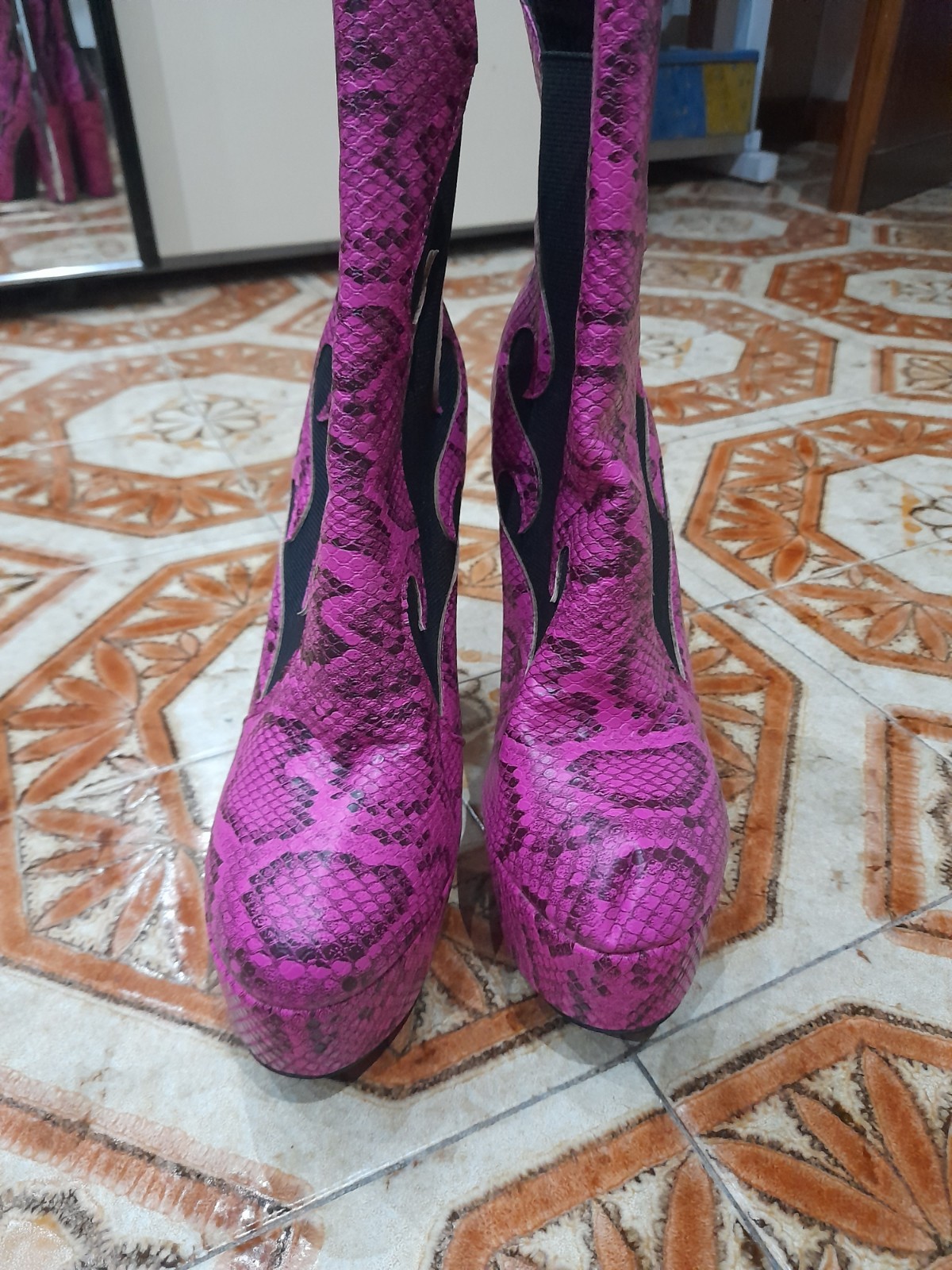 Ankle Boots Snake Print Magenta And Black With Flames Trash Fash High Heels 38