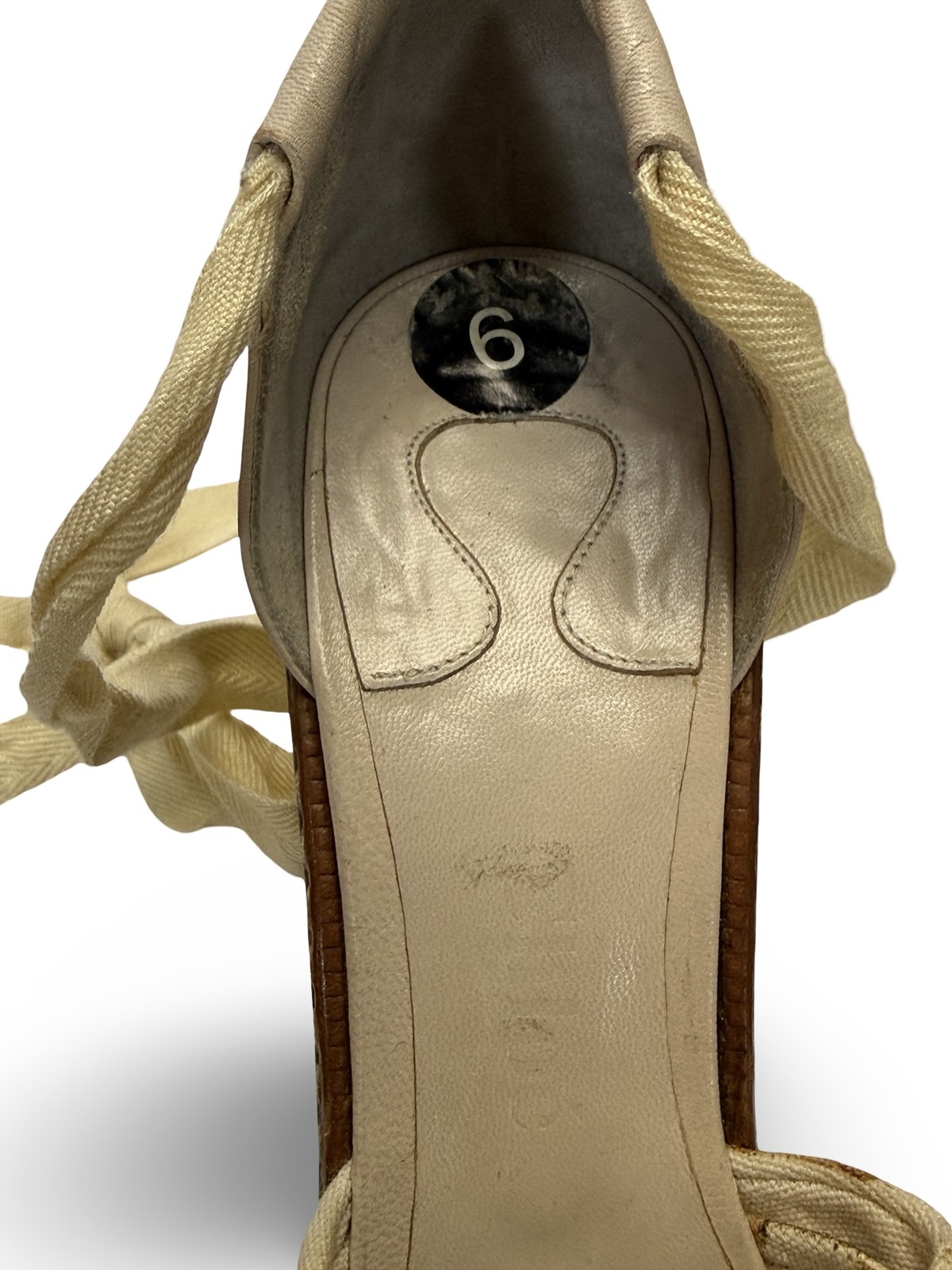 CHLOE Ivory Canvas & Leather Lace Ankle Wooden Wedge Sandals Shoes 39 9
