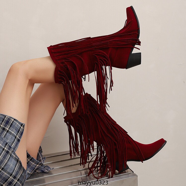 Womens Tassel Fringe Mid Calf Boots Mid Block Heel Western Cowgirl Shoes Hot