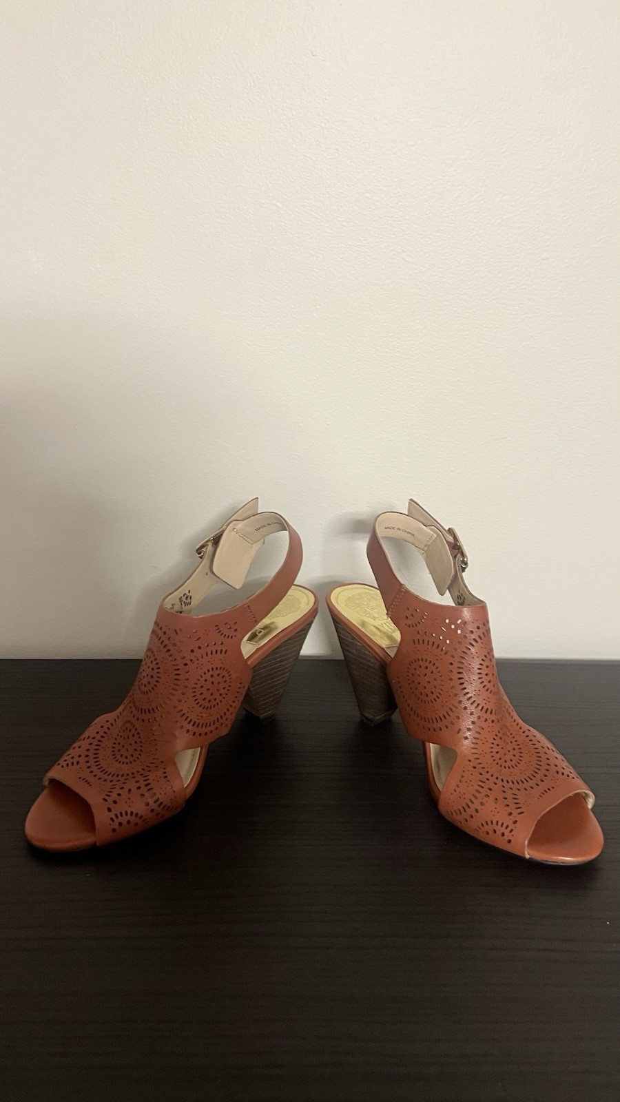 Vince Camuto Orange Leather Heels Perforated Peep Toe Ankle Strap Cone Heel 6