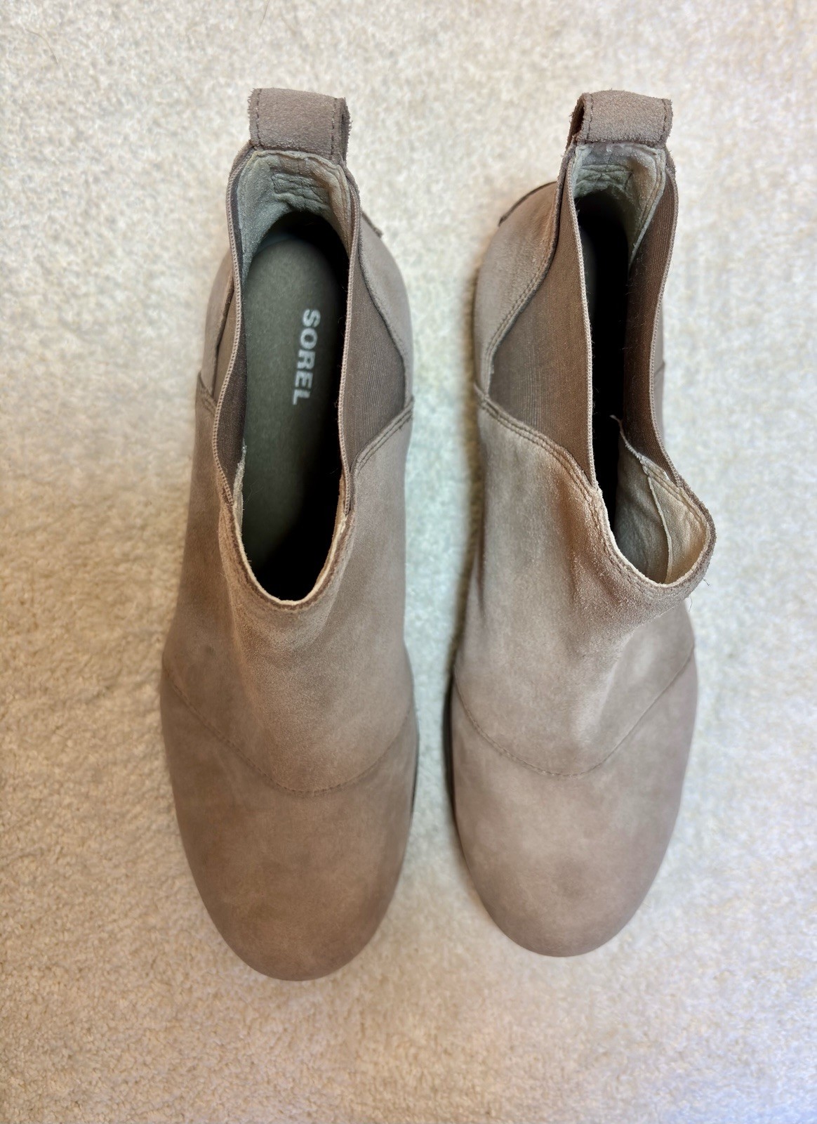 Sorel Women’s Taupe Suede Chelsea Ankle Boot Pull Tab Elastic Gore Block Heel 9M