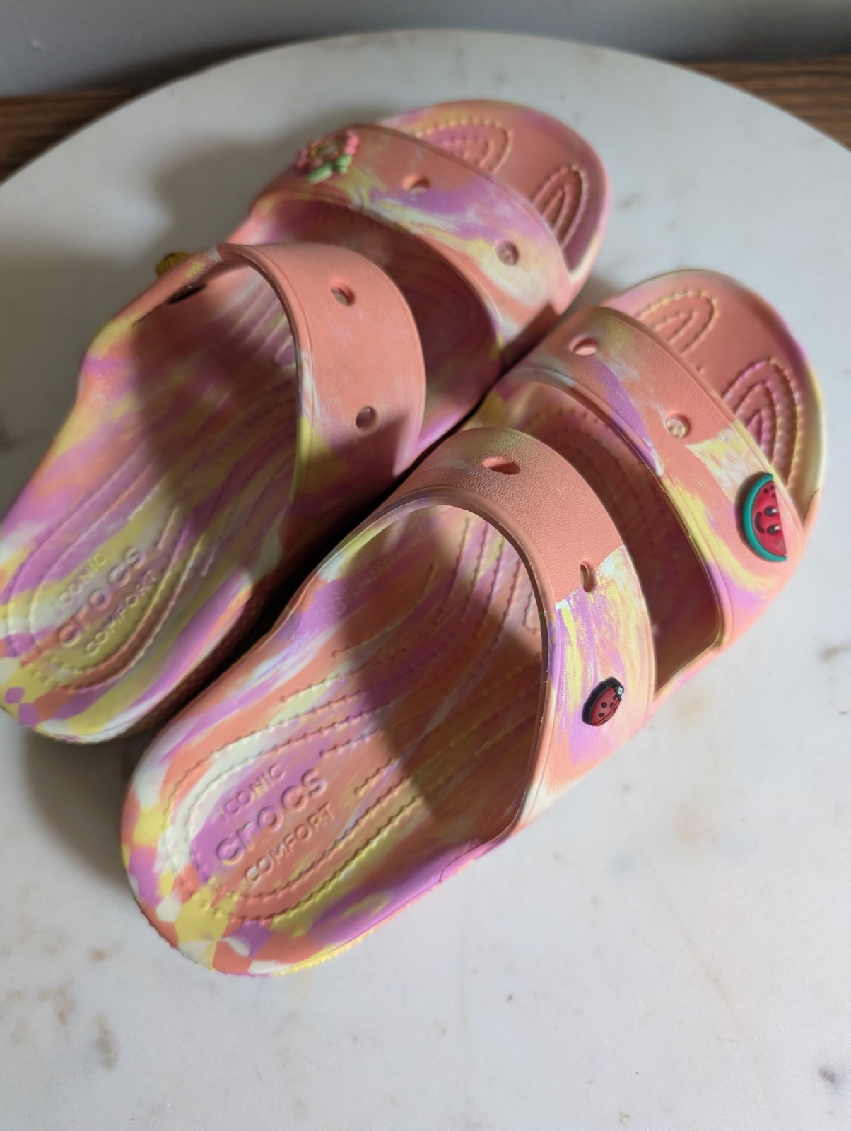 Crocs Iconic Comfort Women’s Slide Sandals Pink Yellow Marble Jibbitz Size W7
