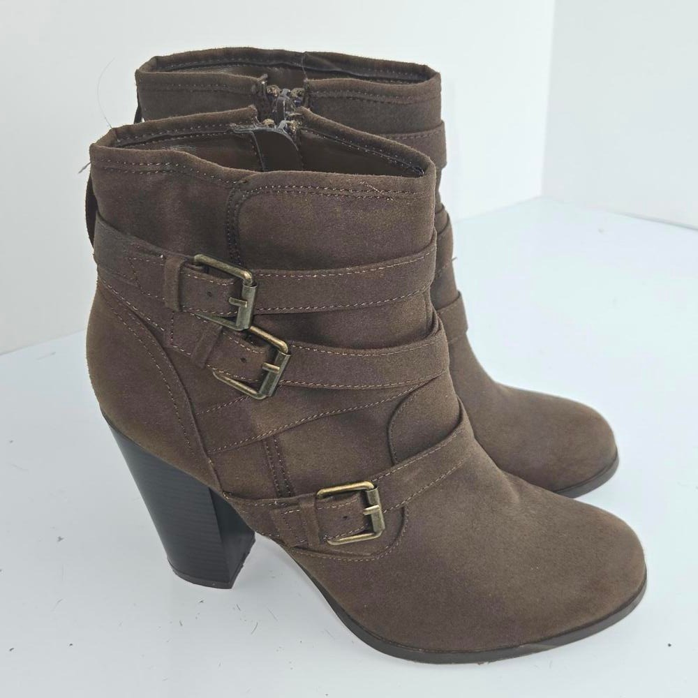 PRICE DROP JustFab Binnae High Heeled Bootie Brown Suede Multi-Straps Sz 10