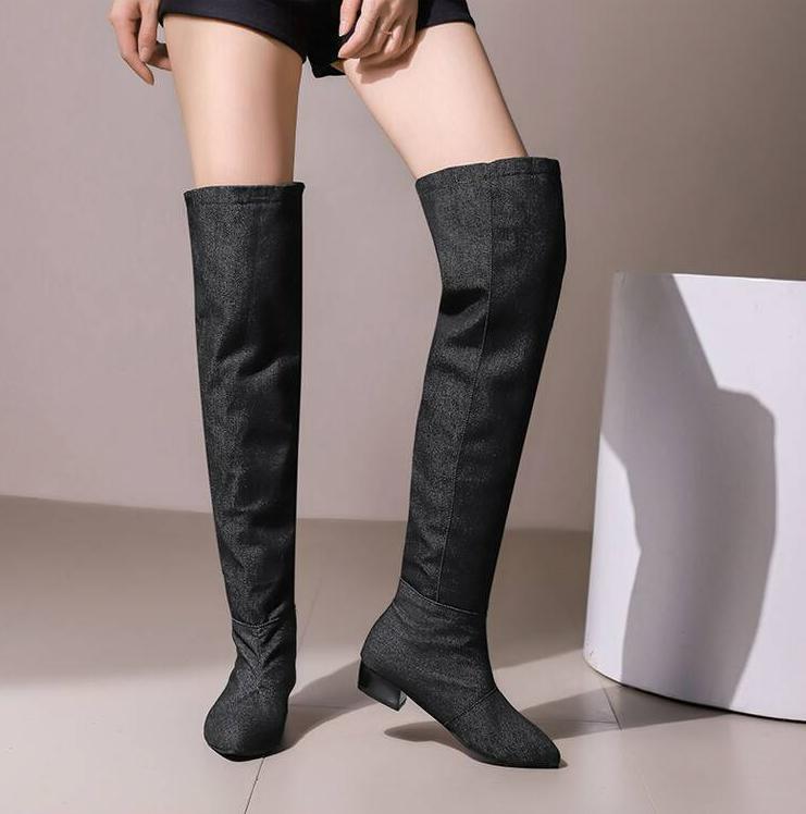 Women’s Denim Knee High Boots Pointed Toe Shoes Block Heel Knight Slip On Retro