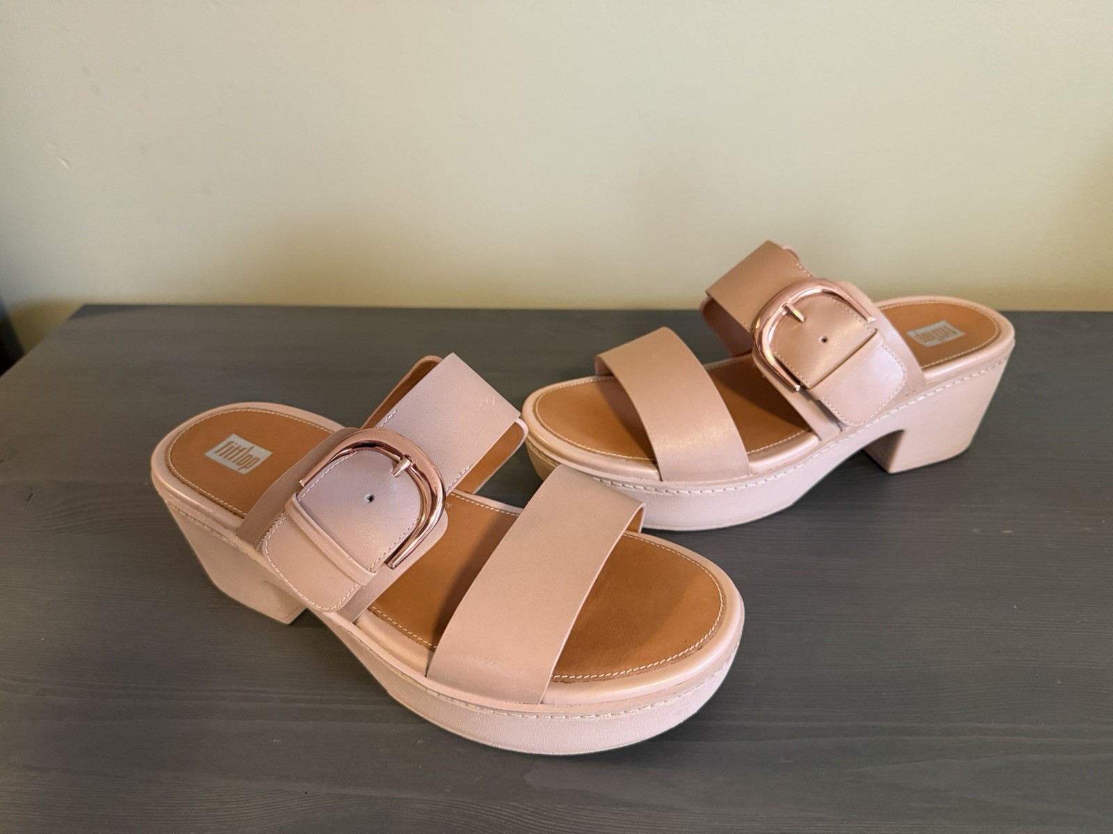 FitFlop Pilar Tan Leather Platform Sandals Double Strap Buckle Heeled: 10